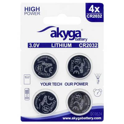 Négy darab CR2032 típusú, 3,0V-os lítium gombelem egy 'akgya' feliratú kartondobozban. Alkalmas különféle elektronikai eszközökhöz.