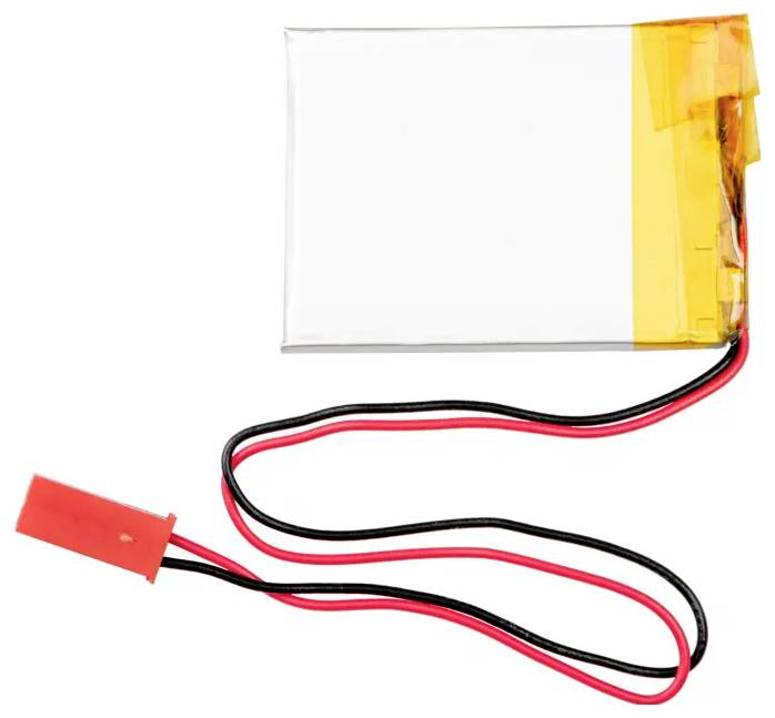Lapos lítium-polimer akkumulátor piros és fekete kábellel, piros csatlakozóval, amelyet hordozható elektronikai eszközökben használnak.