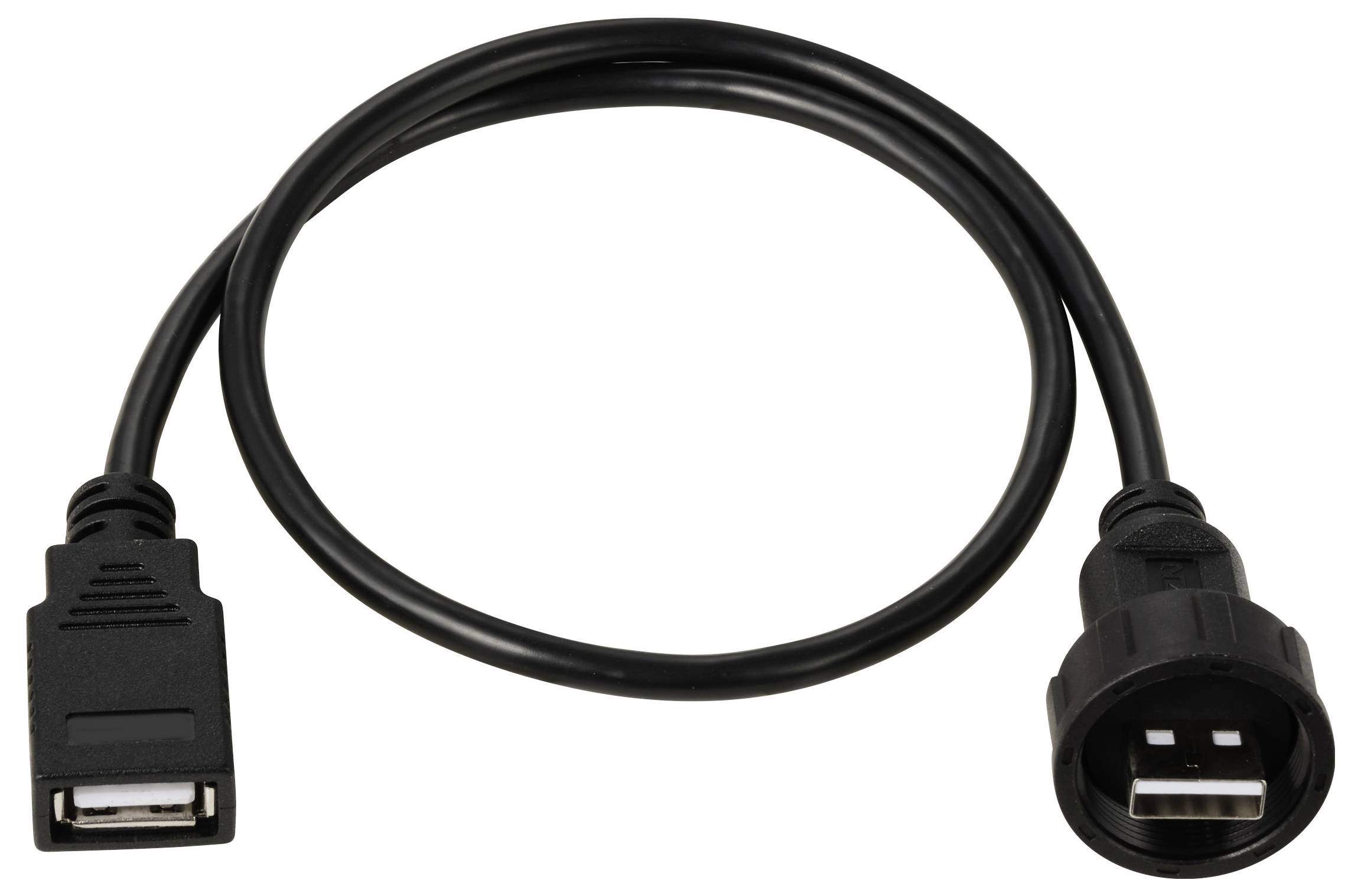 Egy fekete köpenyes USB-kábel, bal oldalán egy női csatlakozóval és jobb oldalán egy kerek férfi csatlakozóval.