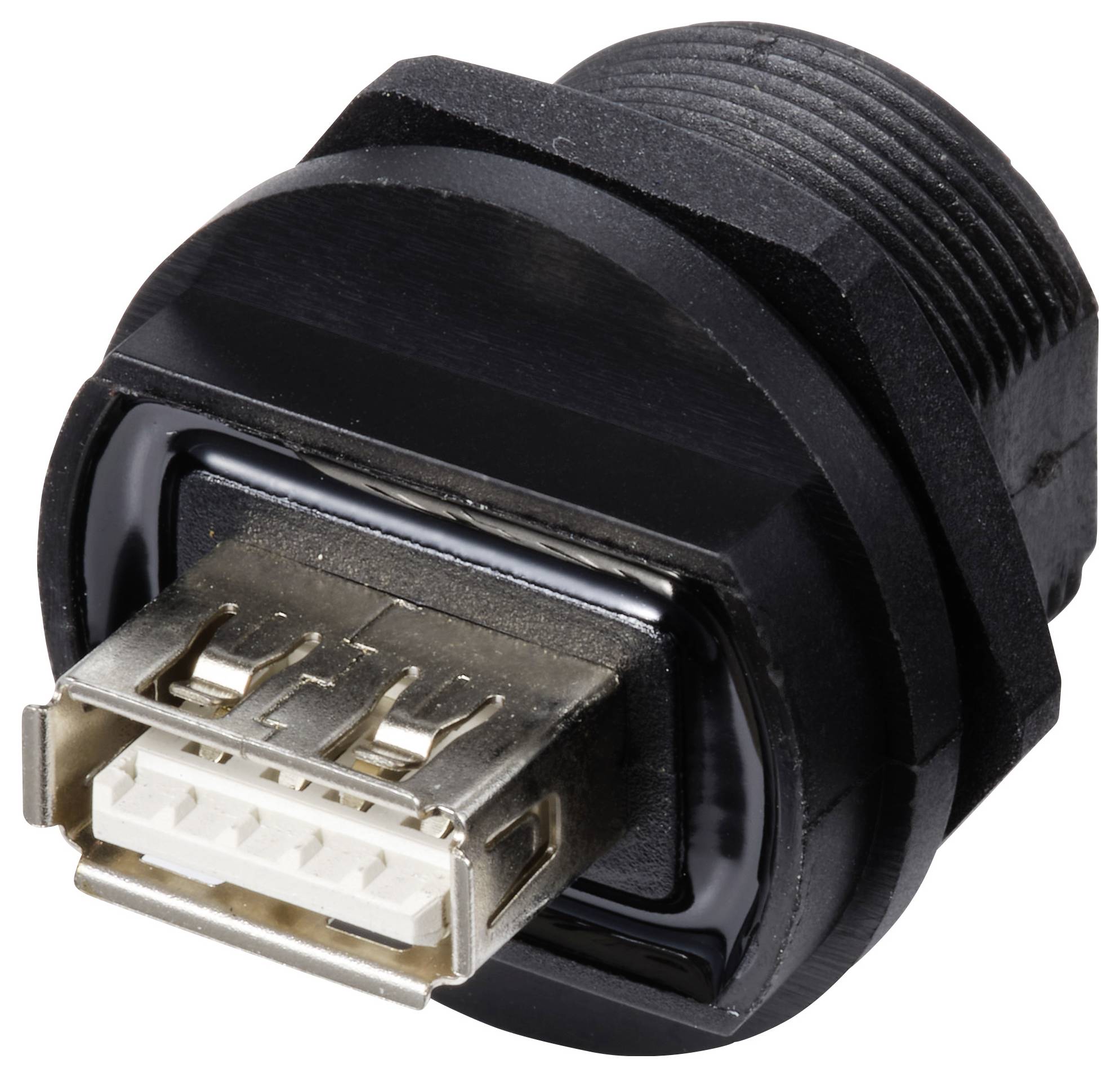 'USB-csatlakozóaljzat, beépítve egy fekete műanyag házba, fémkontakt cellákkal.'