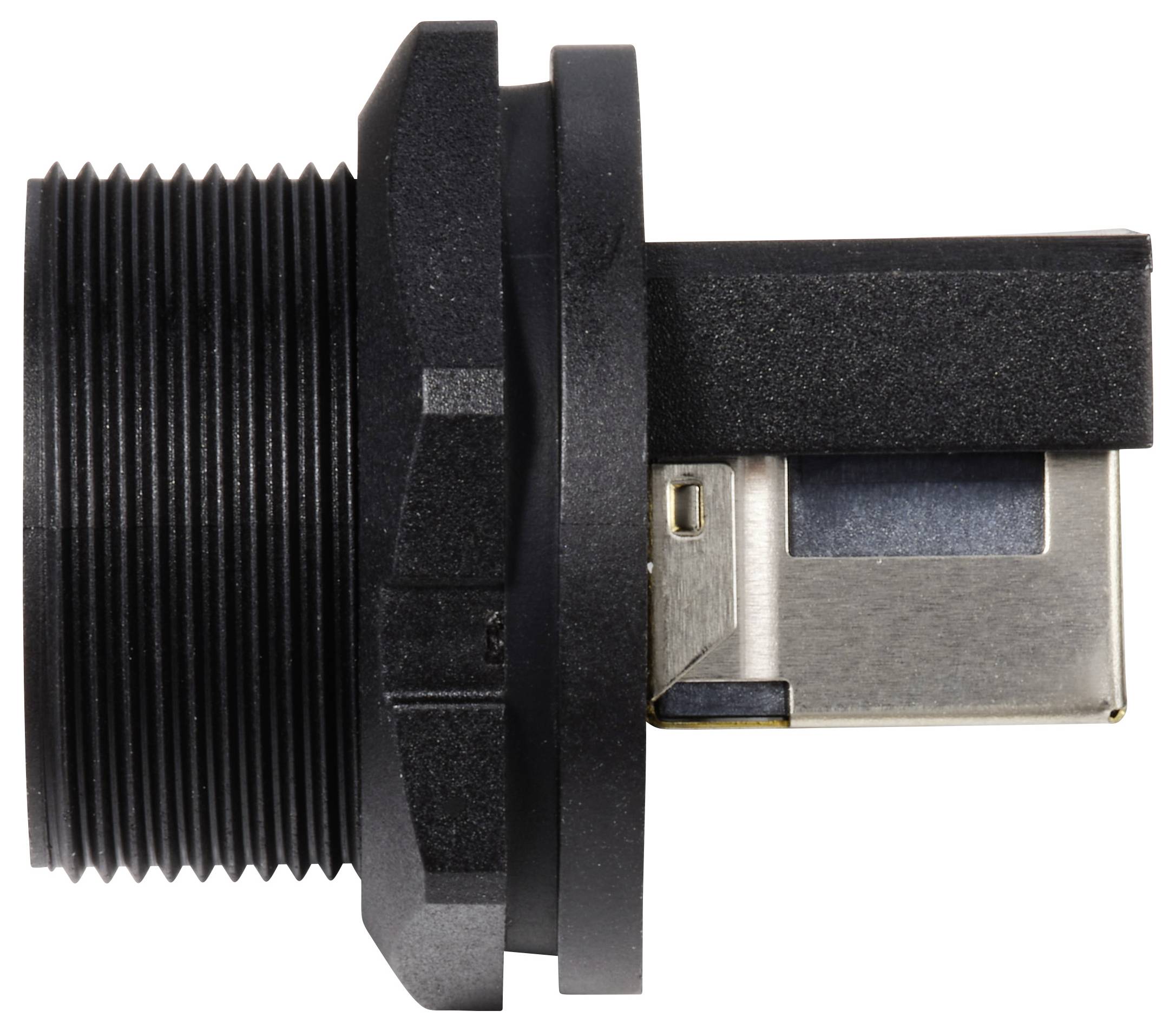 Egy fekete csatlakozó fémérintkezőkkel és hengeres menettel a bal oldalon.
