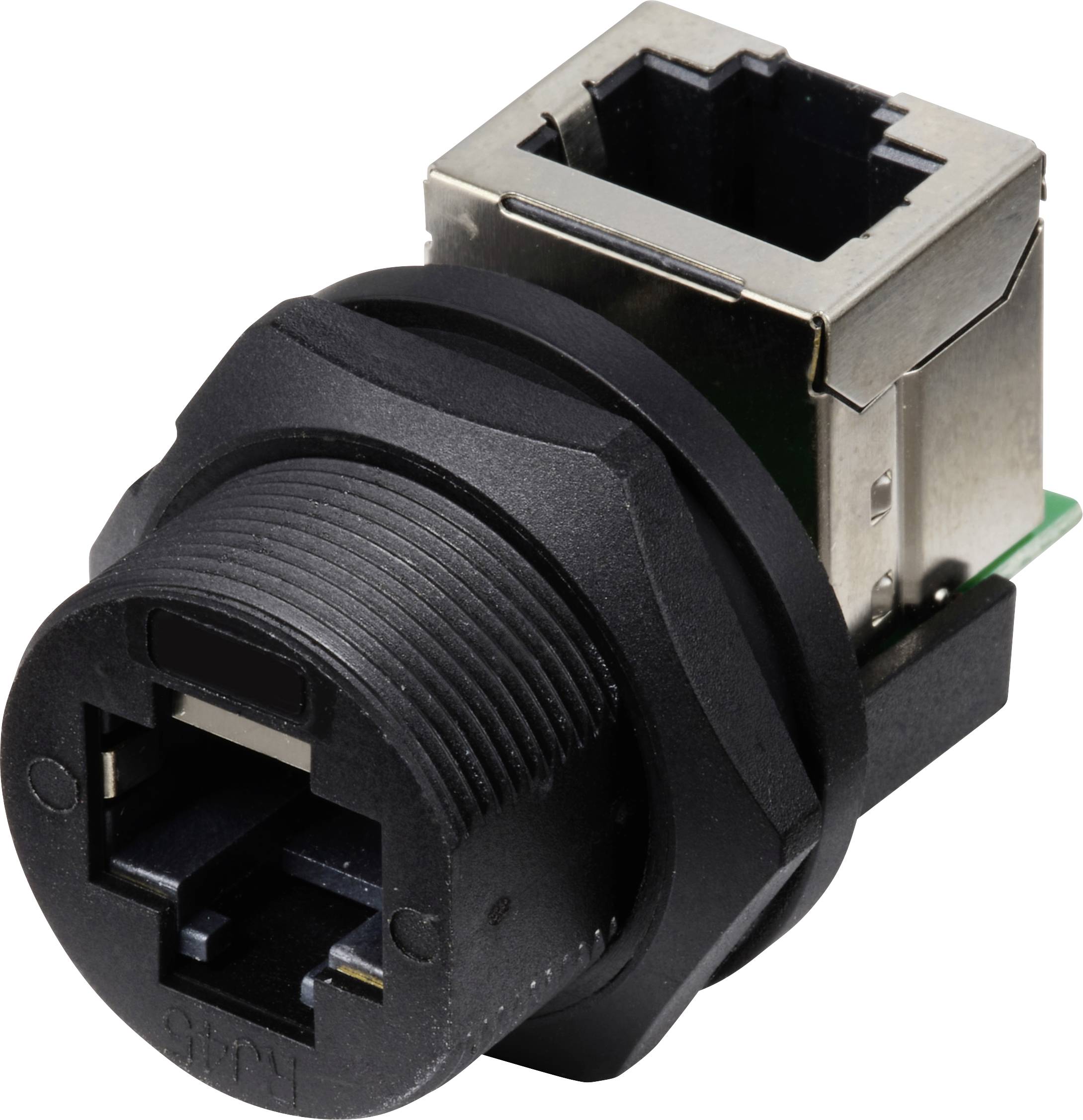 Fekete RJ45 hálózati csatlakozó fémházban, nyomtatott áramkörrel, alkalmas vezetékes hálózati kapcsolatok kialakítására eszközökben.