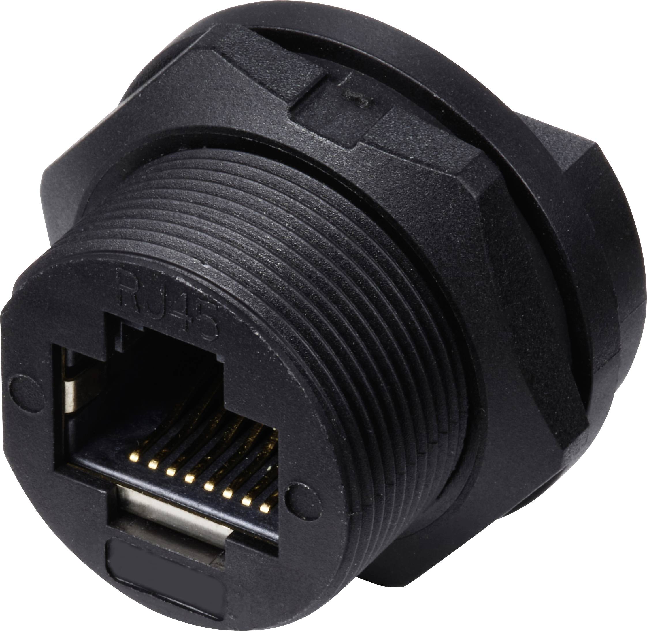 Egy fekete, kerek RJ45 Ethernet-csatlakozó, oldalról megmutatva. Alkalmas hálózati kábelek biztonságos csatlakoztatására eszközökön.