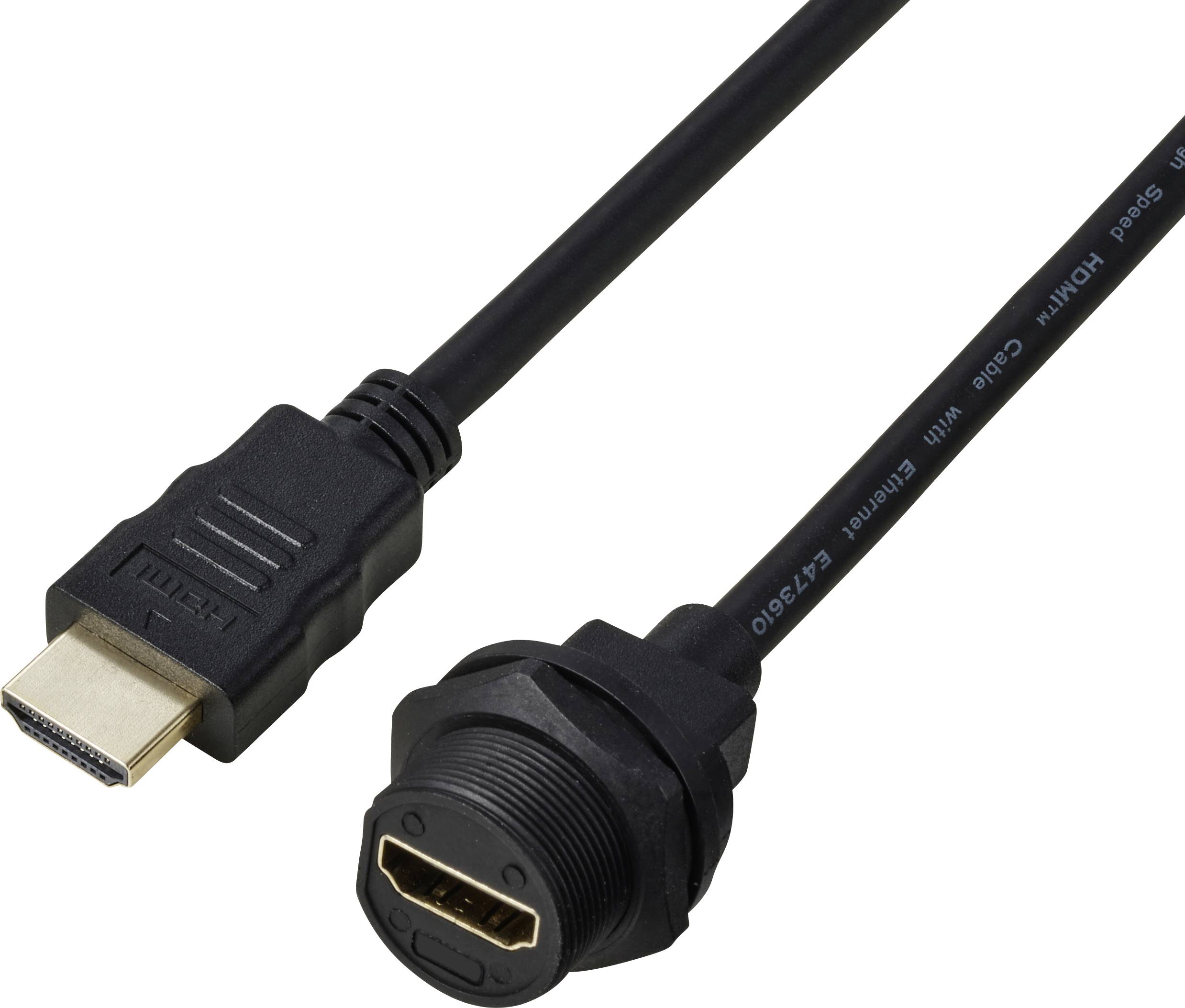 Fekete HDMI-kábel szabvány csatlakozóval az egyik oldalon és vízálló csatlakozóaljzattal a másik oldalon.