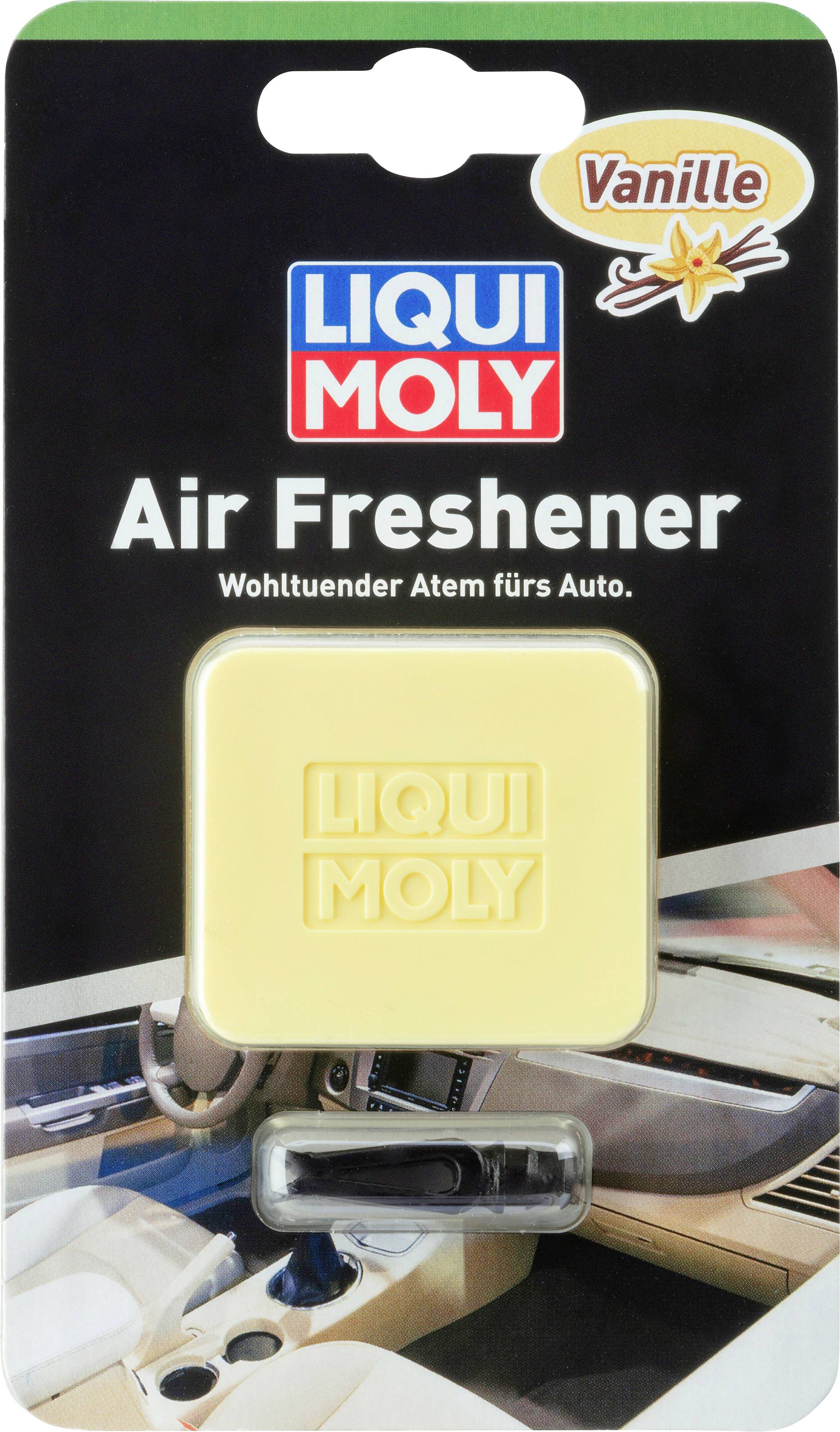 'Liqui Moly vanília légfrissítő' fekete háttéren. A csomag egy autó belső terét mutatja.