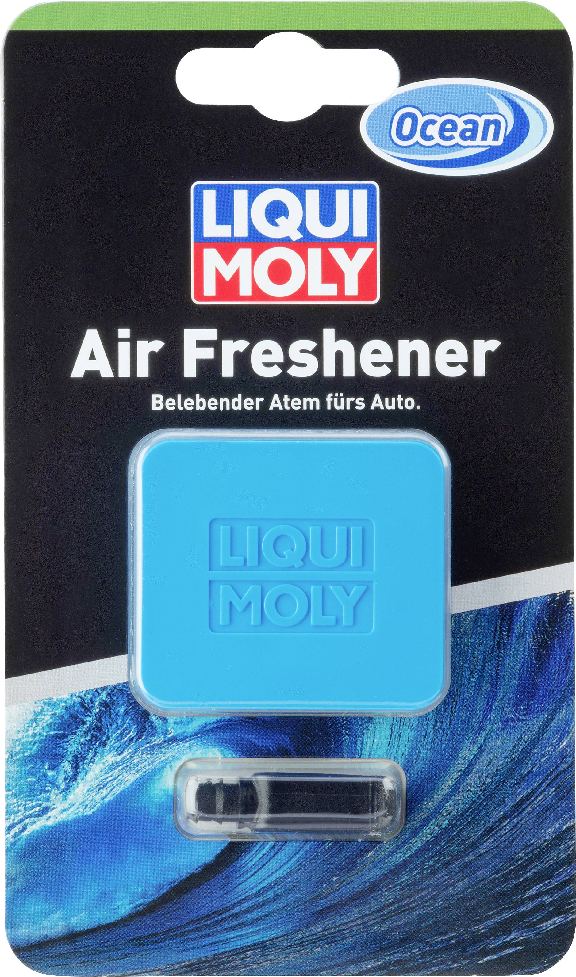Légfrissítő 'Liqui Moly', 'Óceán' illattal, kék házban. A csomagolás tengeri hullámot ábrázol.