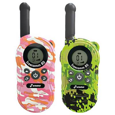 Két tarka walkie-talkie, az egyik rózsaszín, a másik zöld, digitális kijelzővel és gombokkal. Mindkettő az 1-es csatornát mutatja.