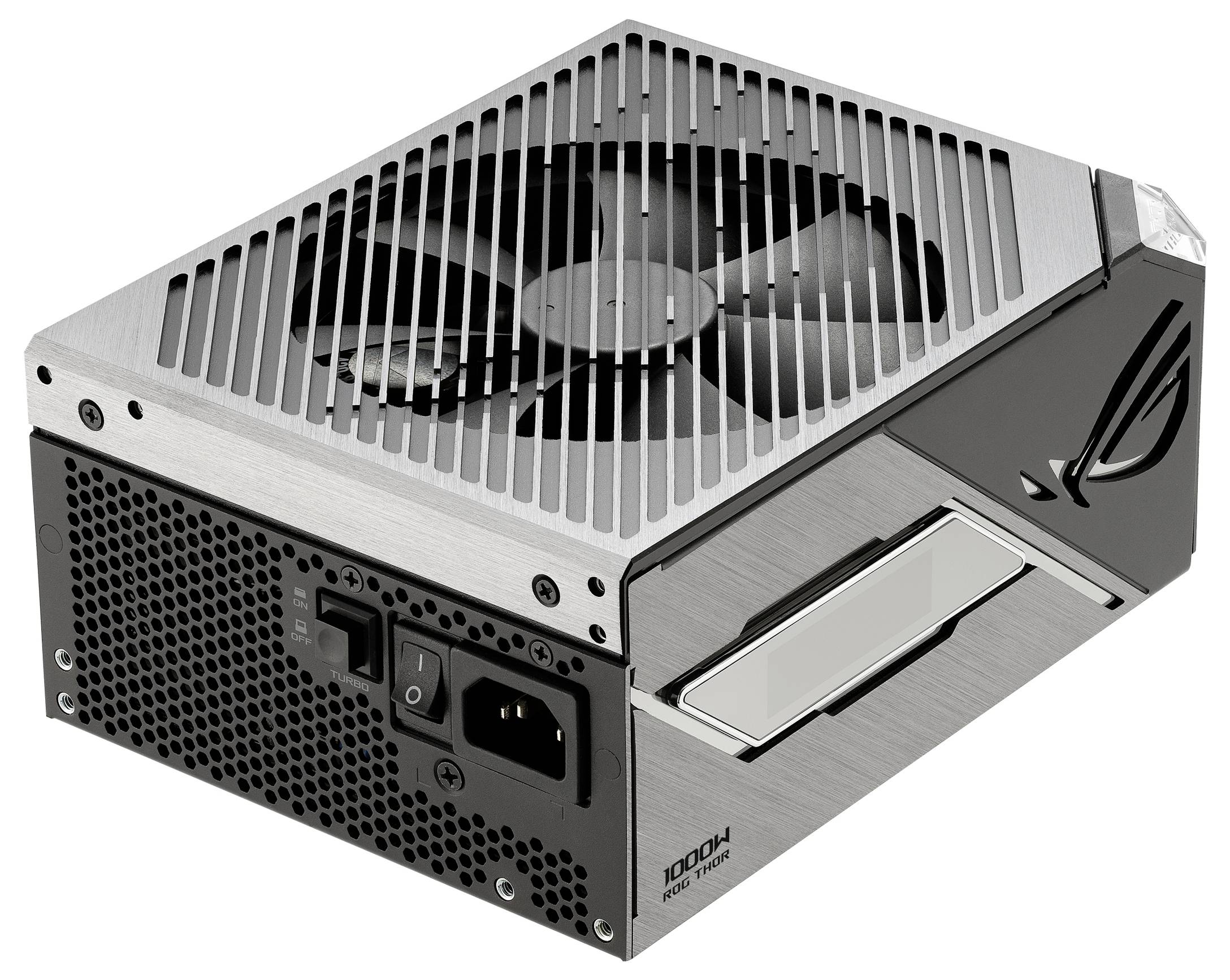 Ezüstszínű számítógép-tápegység, amelynek tetején rácsszerű ventilátor, be/ki kapcsoló és hátoldalán csatlakozók találhatók.