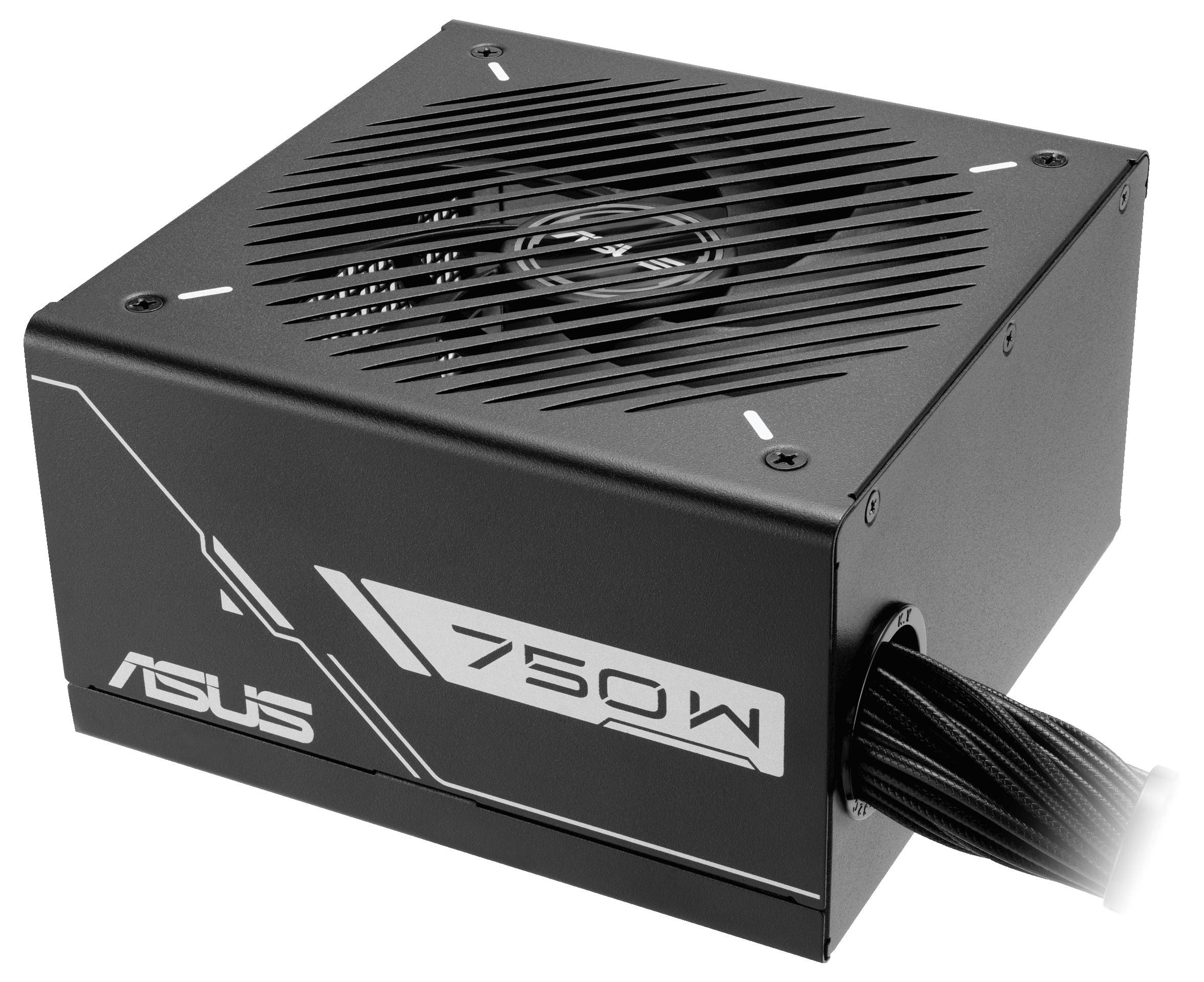 Fekete Asus 750W tápegység, négyszögletes, tetején ventilátorral, kábelek szorosan a házhoz rögzítve.