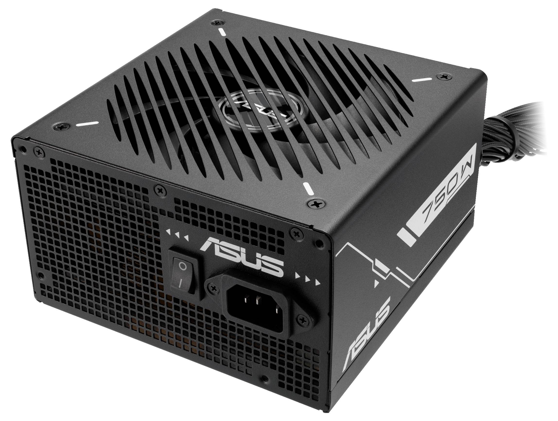 Egy fekete ASUS 750W-s tápegység ventilátorral és tápcsatlakozóval, amely alkalmas számítógépházak energiaellátásához és komponensek áramellátásához.