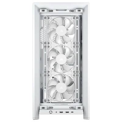 Fehér számítógépház elölnézetben, három egymás feletti ventilátorral, USB- és audiocsatlakozókkal az alsó szélén.