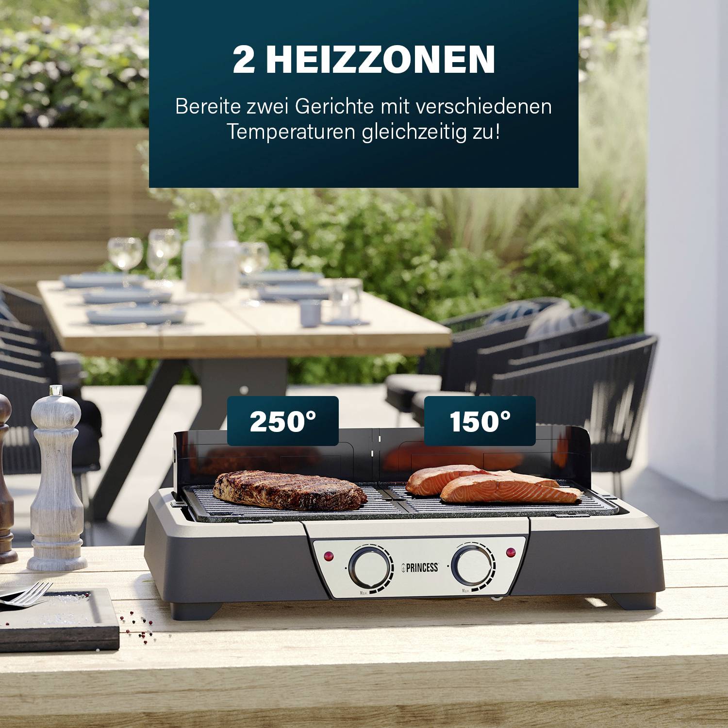 Egy asztali grill két fűtési zónával. Balra 250°C-on zöldséget süt, jobbra 150°C-on húst grilleznek. A háttérben megterített asztal.