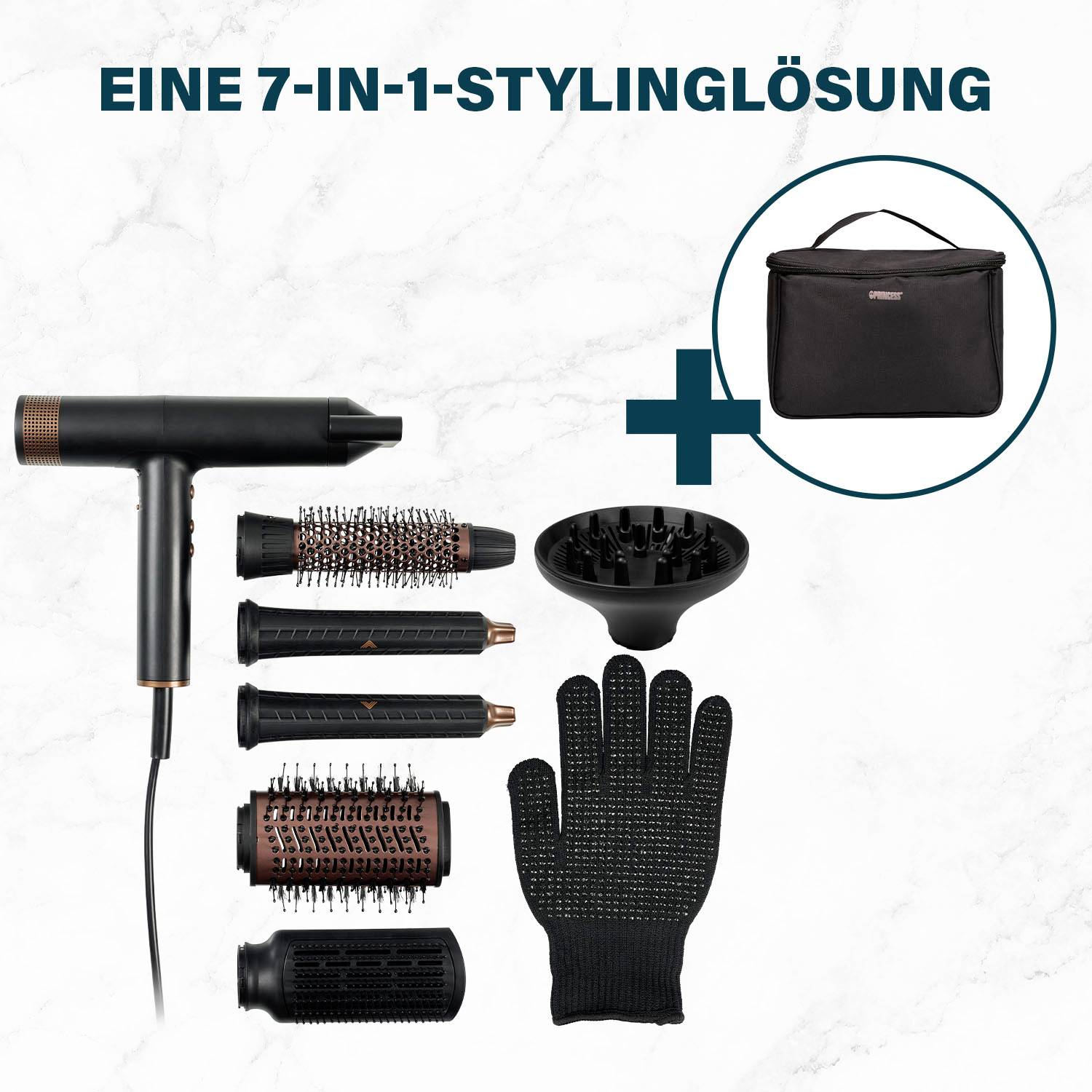 Hajszárító-szett 7 funkcióval, 3 hőfok- és sebességfokozattal, 1,8 méteres kábellel, 2000 watt teljesítménnyel. Fürdőszobai környezetben bemutatva.