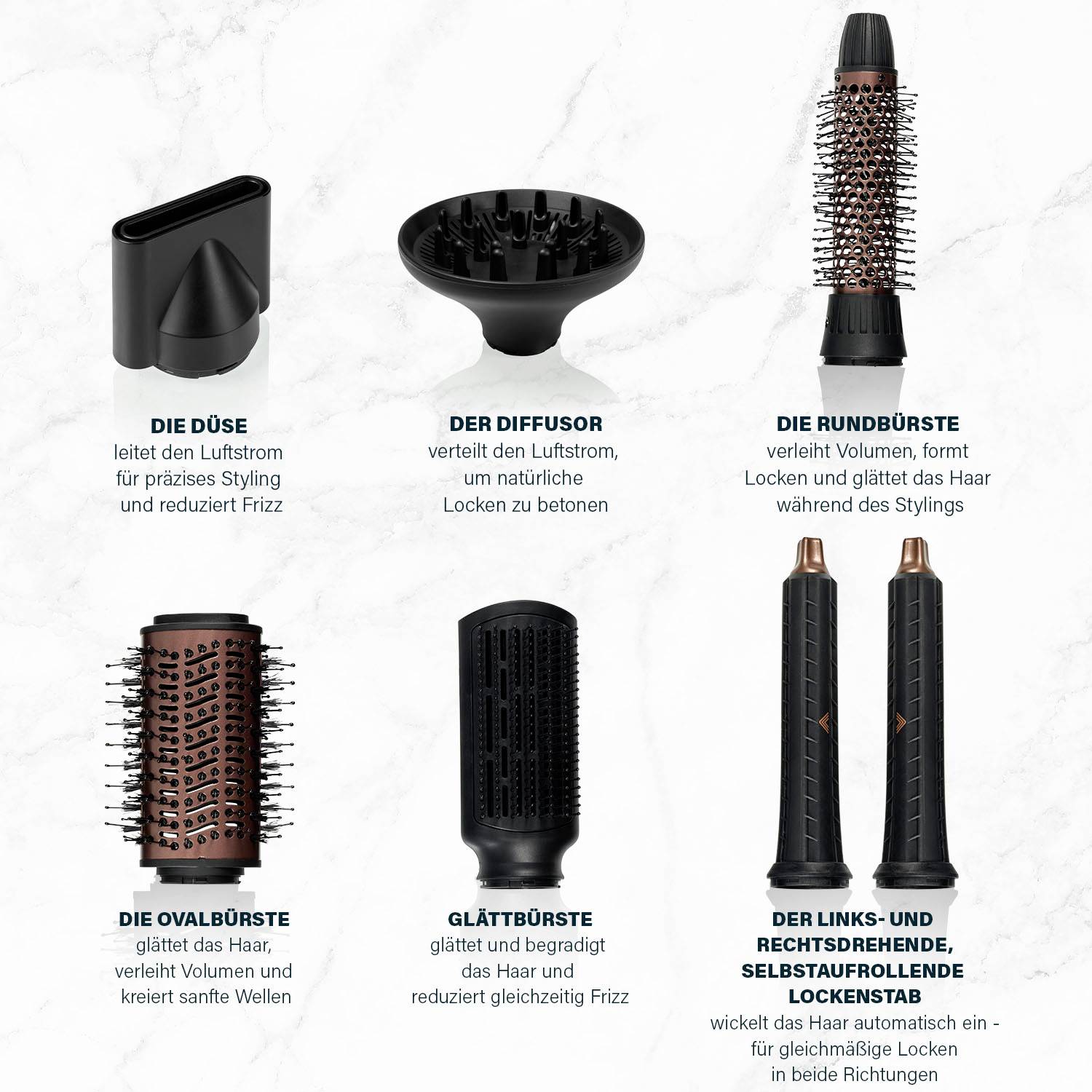 Egy hajformázó eszközkészlet, amely egy hajszárítóból, több kefetartozékból, egy diffúzorból, egy kesztyűből és egy táskából áll. Felirat: '7-az-1-ben stílusmegoldás'.