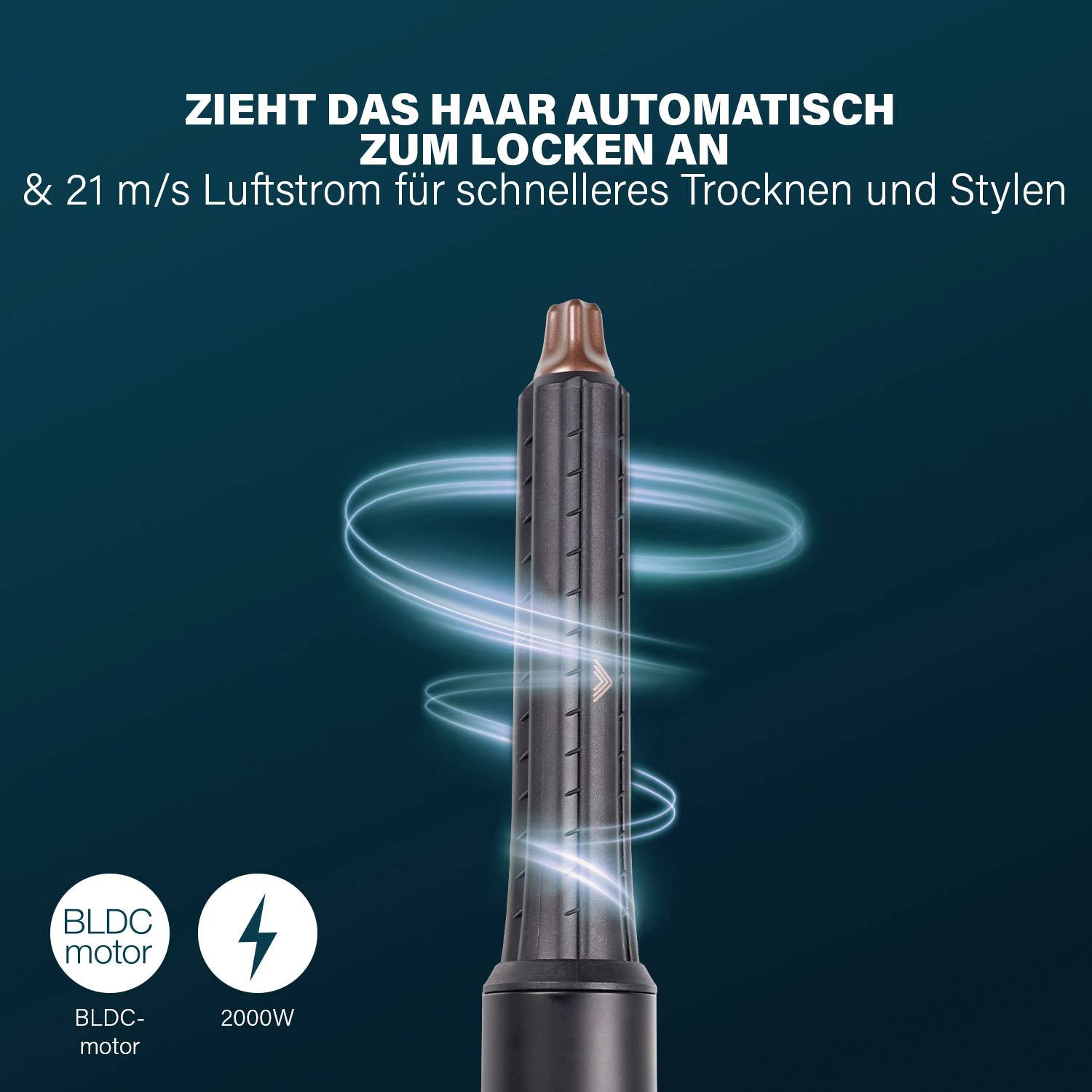 Egy nő egy balra forgó hajsütővasat használ, egy másik pedig egy jobbra forgót, mindkettő 32 mm átmérőjű. A szöveg 12 órás tartósságra utal.
