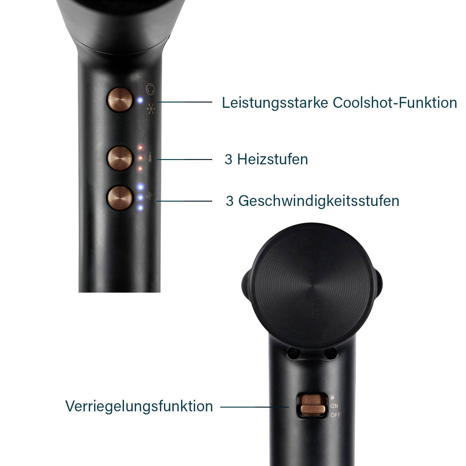 Egy hajszárító egy fa mosdóasztalon, 1,8 méteres kábellel csatlakoztatva. Reklámszlogen: 'Eléri minden szögét a nagyobb rugalmasság érdekében'.