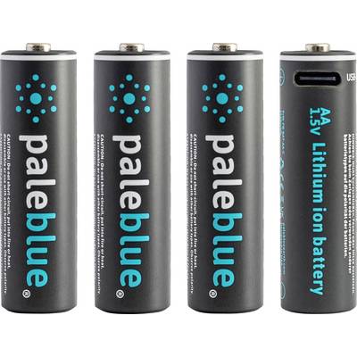 Négy fekete AA lítium-ion akkumulátor kék 'paleblue' logóval és USB-töltőcsatlakozóval.