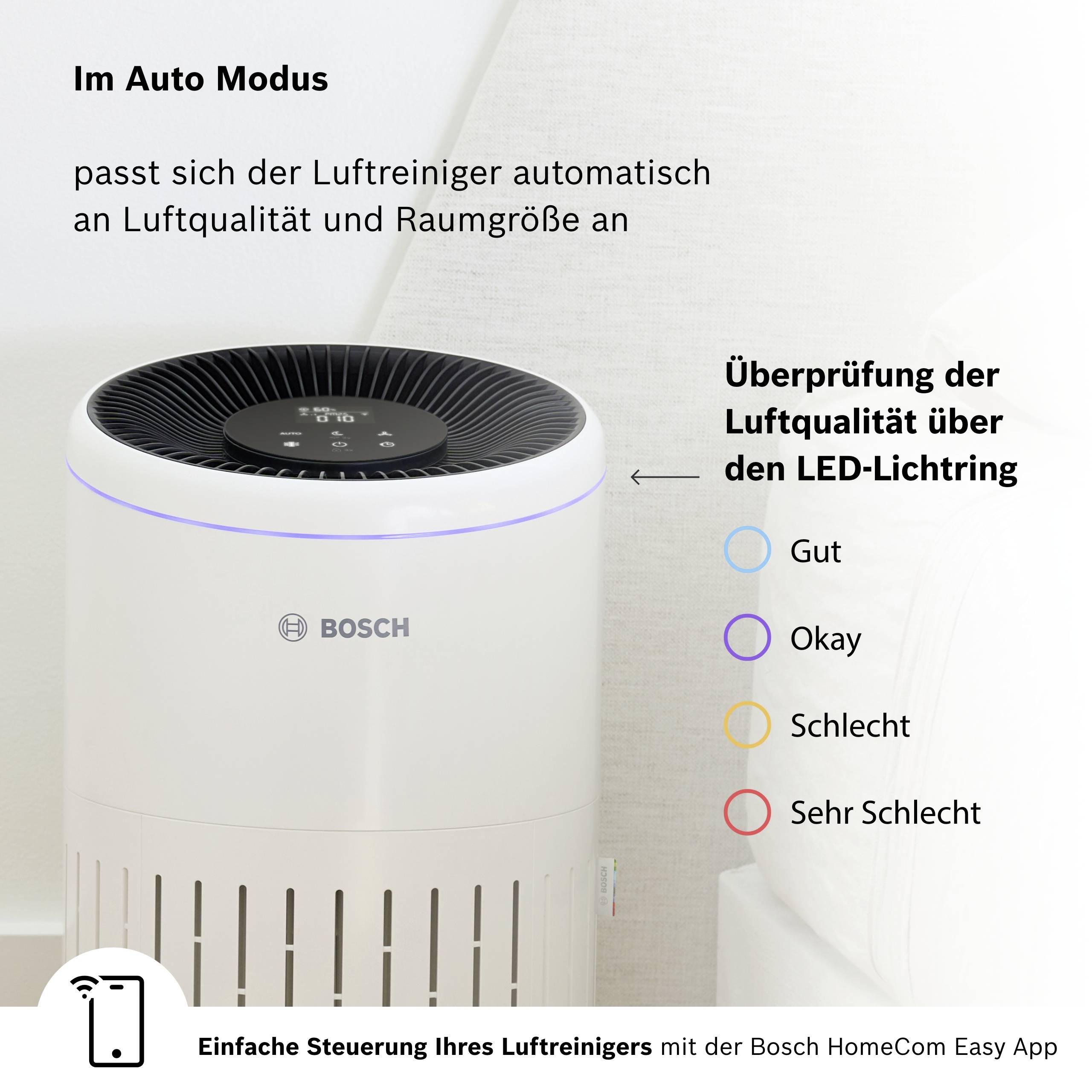 'Autós légtisztító LED-es légminőség-kijelzéssel: Jó, Rendben, Rossz, Nagyon Rossz. Vezérlés Bosch HomeCom Easy alkalmazással.'