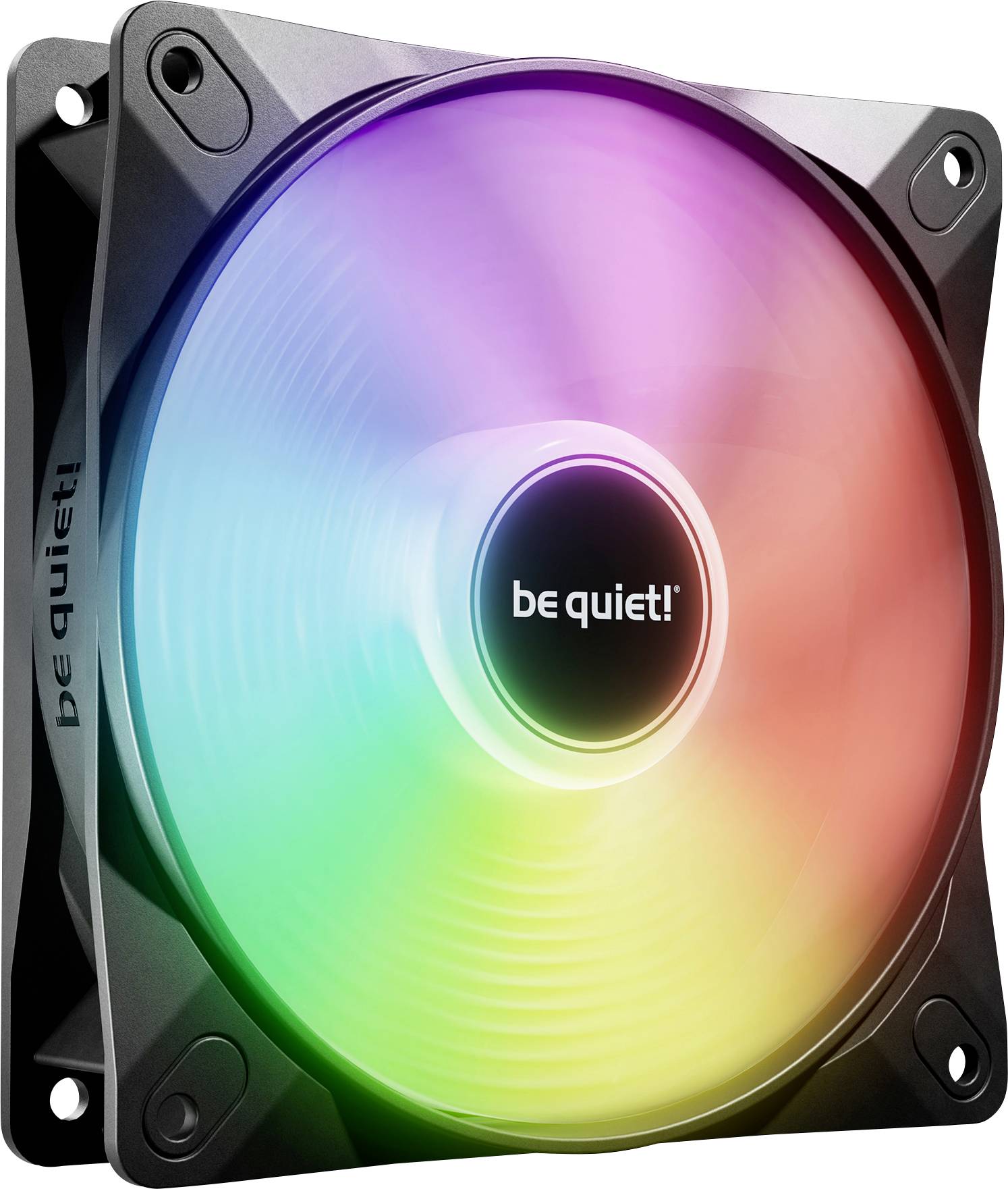 A 'be quiet!' RGB-világítású ventilátor, amely színes fénygyűrűt hoz létre. Négyzet alakú, lekerekített sarkokkal.