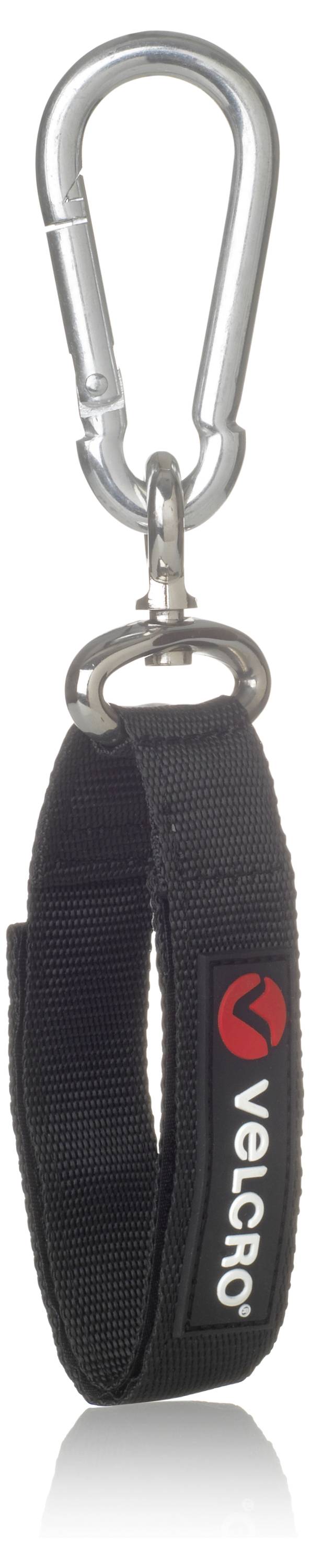 Fekete kulcstartó karabinerrel felül és egy piros logóval, amelyen a 'Vector' felirat szerepel a fülén.