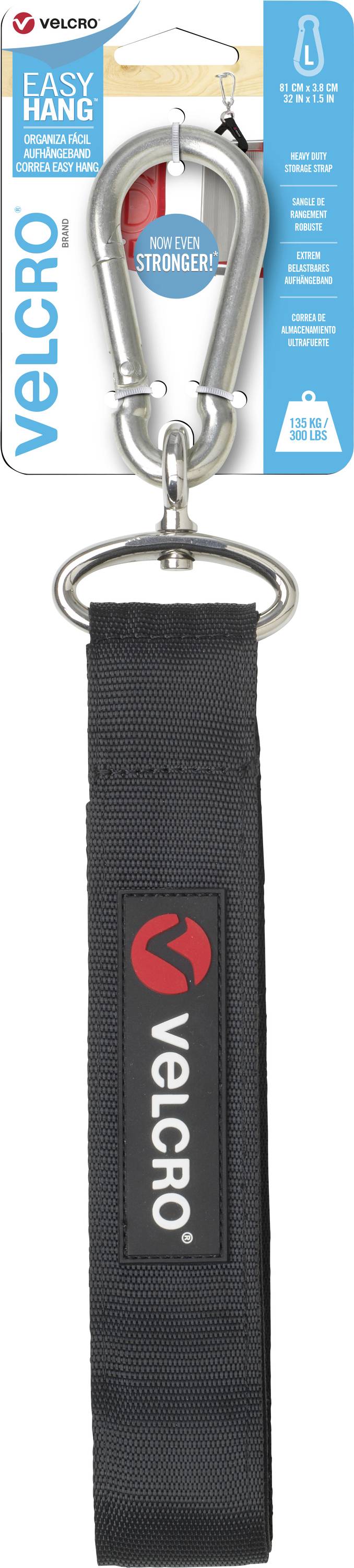 Fekete hevederrel ellátott karabiner, 'VELCRO' logóval az oldalcímkén, amely akár 22,6 kg súly könnyű felfüggesztésére alkalmas.
