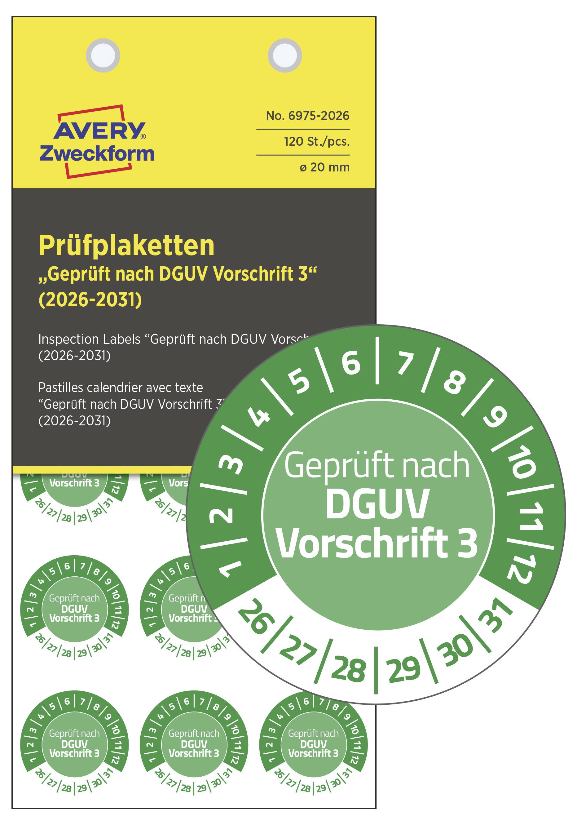 Zöld vizsgálati matricák 'DGUV 3. előírás szerint ellenőrizve (2026-2031)' felirattal. A csomagolás tartalmazza a gyártó és a termék adatait.
