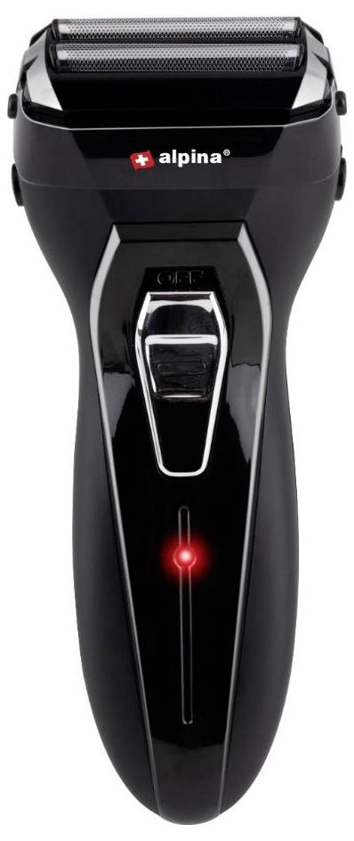 Fekete dizájnú elektromos borotva piros LED-fénnyel és 'alpina' logóval.