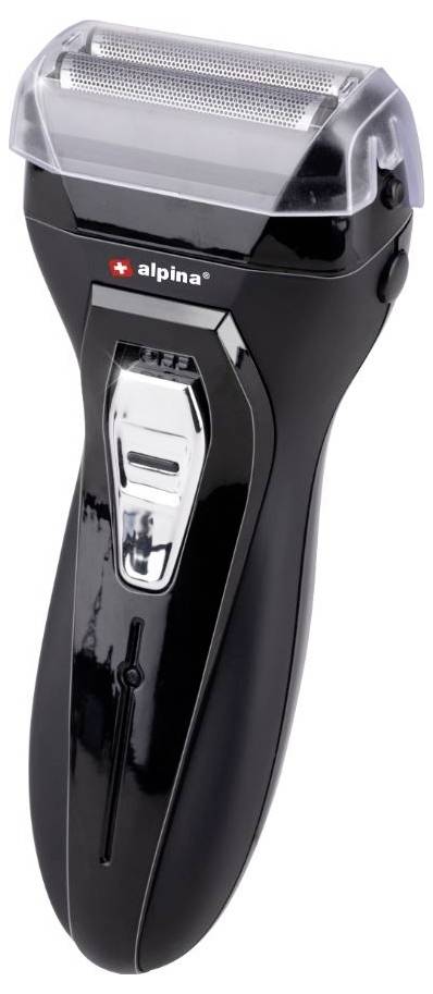 Fekete elektromos borotva, 'alpina' márka, védőburkolattal a vágófej felett.