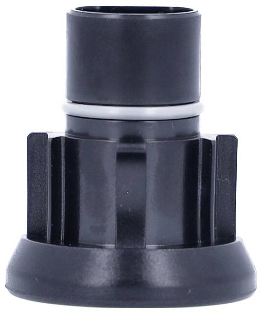 Egy fekete műanyag alkatrész, amely fúvókához vagy csatlakozóhoz hasonlít, fehér háttér előtt.