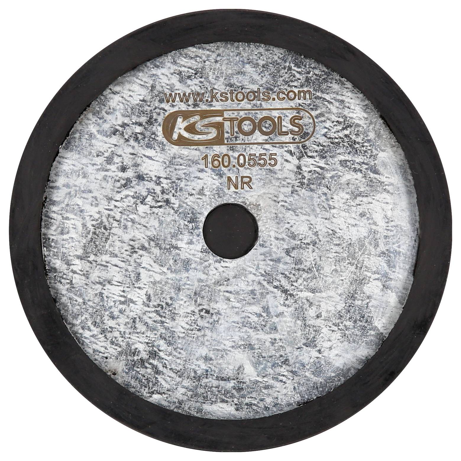 KS TOOLS egy kerek csiszolótest, 160.0555-ös katalógusszámmal. A felülete fémes szürke, fekete szegéllyel.