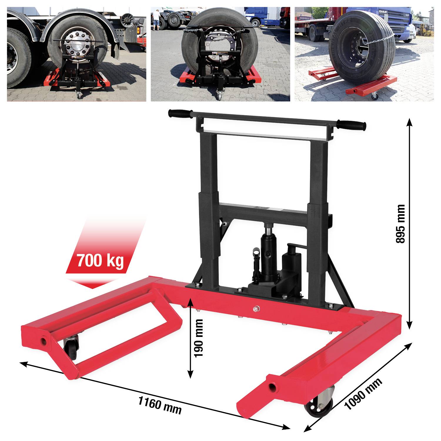 Egy 700 kg teherbírású piros emelőkocsi gumiabroncsokhoz. A képen három lépés látható egy teherautó kerékszerelésének folyamatáról.
