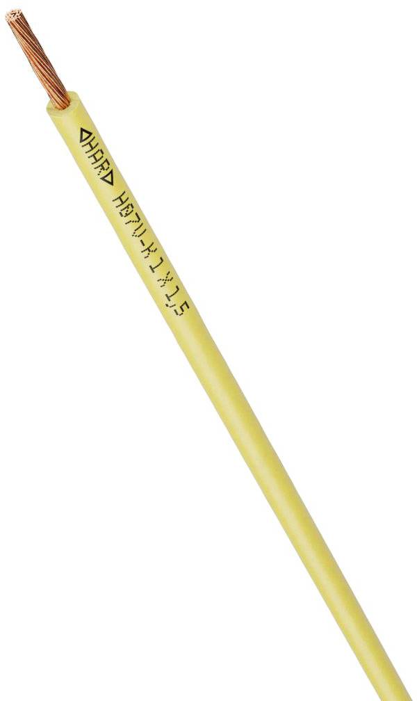 Sárga elektromos kábel réz vezetékvéggel, amelyen a kábel típusát és méretét jelölő 'H07V-K 1 x 1,5' felirat szerepel.