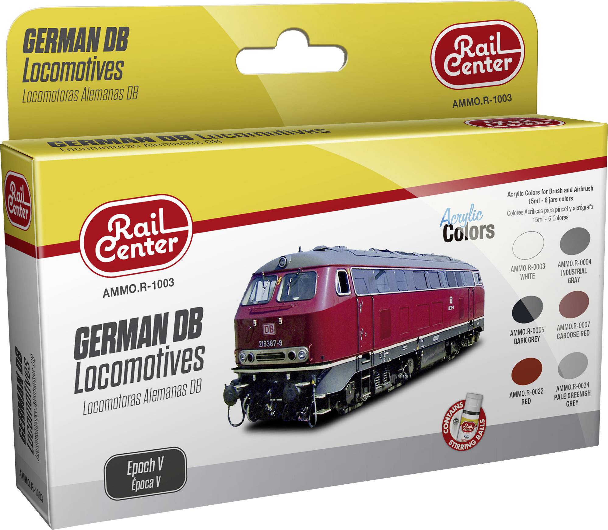 A RailCenter German DB Mozdonyok festékszett akril festékekkel az 'V. korszak' méretarányhoz, különböző vörös és szürke árnyalatokat tartalmaz a festéshez. A kartondobozon egy piros DB-vonat képe látható.