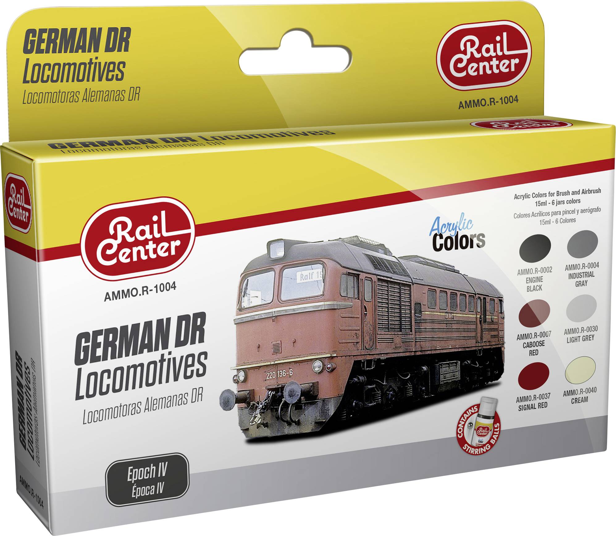 A modellvasút termék csomagolása, amelyen egy német mozdony képe látható, a 'Rail Center' márkalogó, és színmegjelölések szerepelnek.