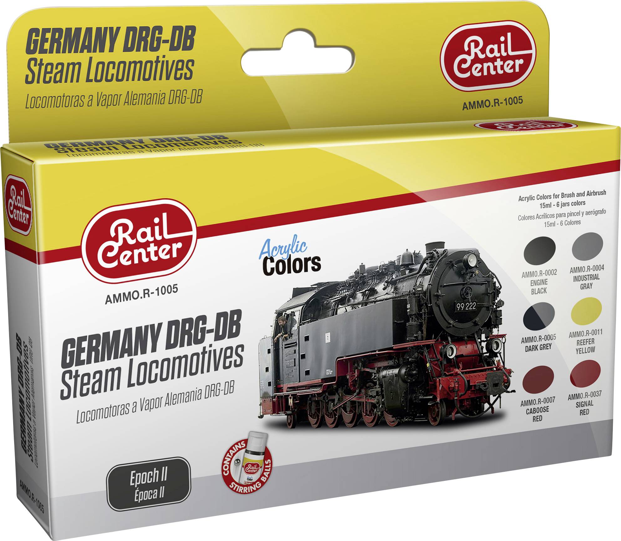 A Deutsche Reichsbahn-Deutsche Bundesbahn gőzmozdonyainak modellezéséhez való festékkészlet a Rail Center márkától, különböző árnyalatokat tartalmazó csomag, mozdony képével illusztrálva.