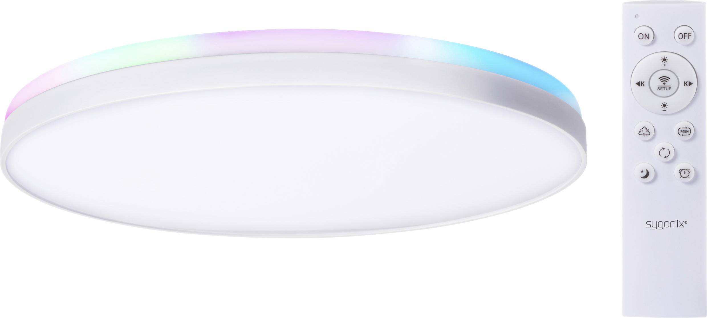 Mennyezeti LED lámpatest távirányítóval, körkörös kialakítással és többszínű szegéllyel. A távirányító teljesítmény- és színállító gombokkal rendelkezik.