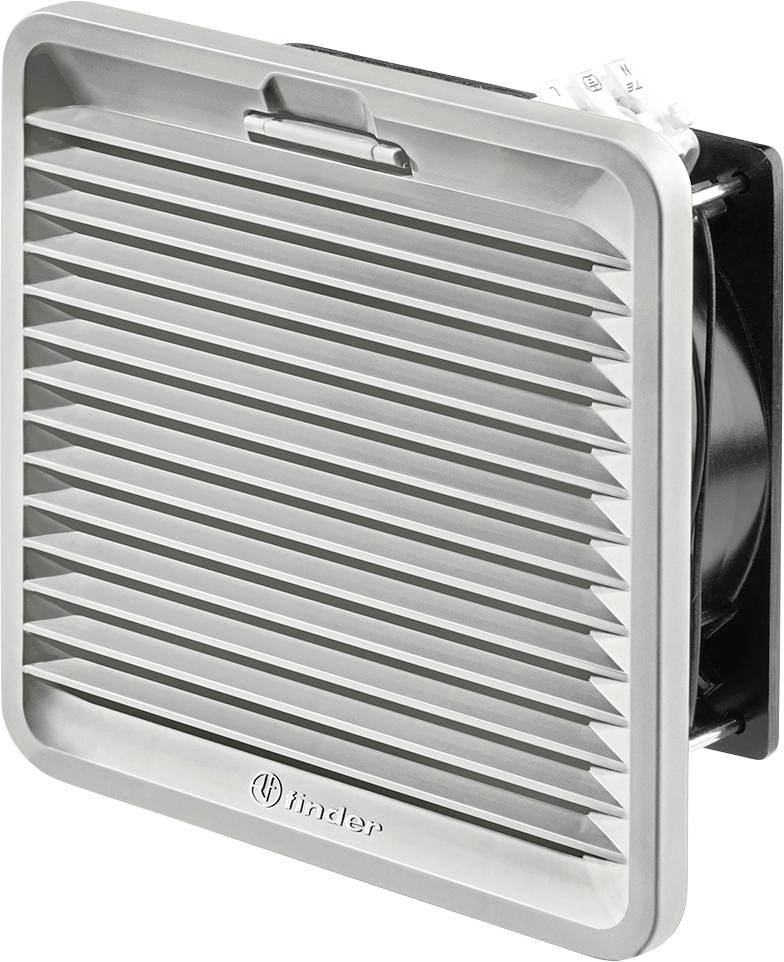 Szürke, téglalap alakú szellőzőrács vízszintes lamellákkal, oldalt látható szerelt ventilátor.