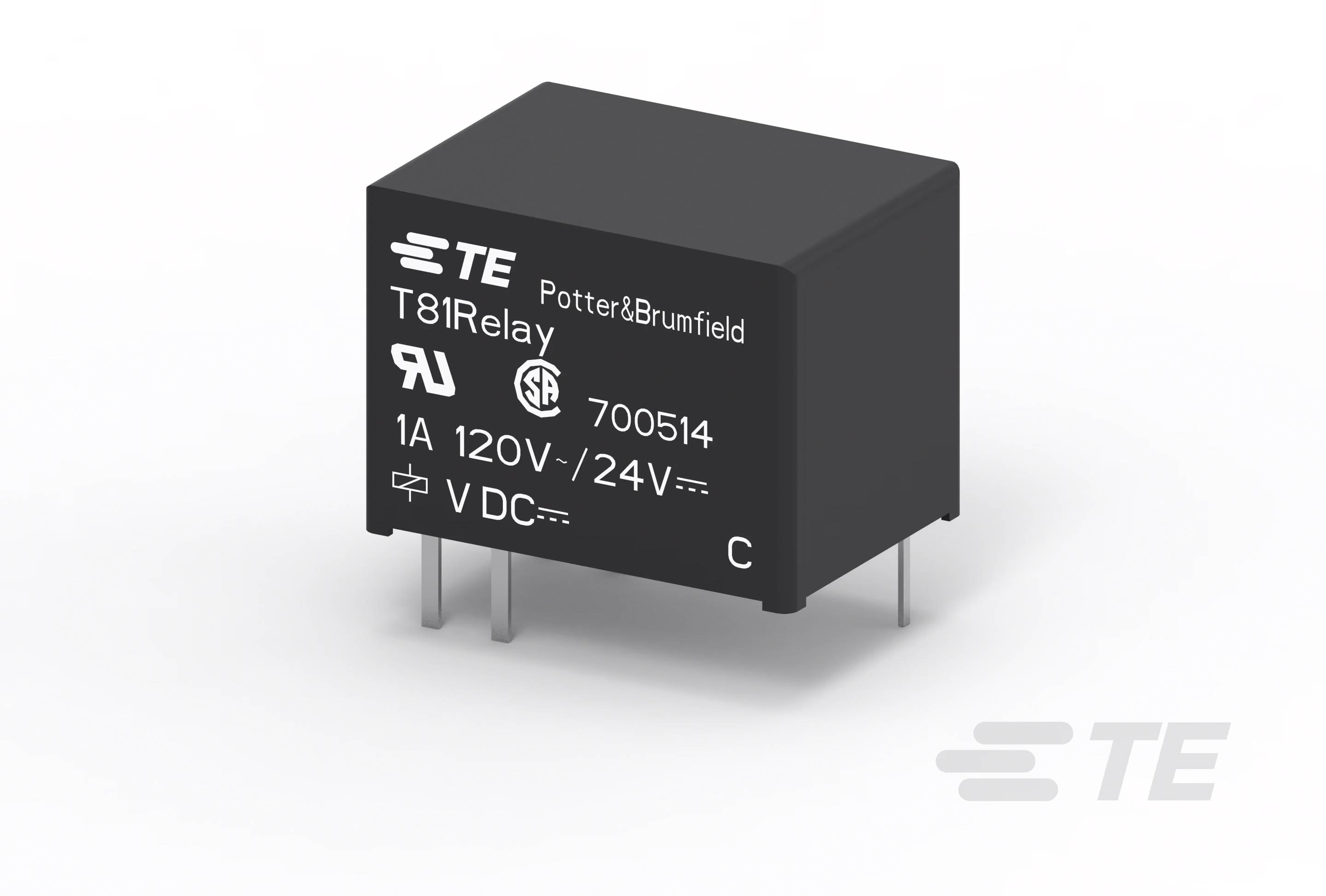 'Fekete relé T81Relay felirattal, 120V/24V DC, 1A. TE logó és tanúsítványok a felületen. Dugaszolható érintkezők láthatók.'
