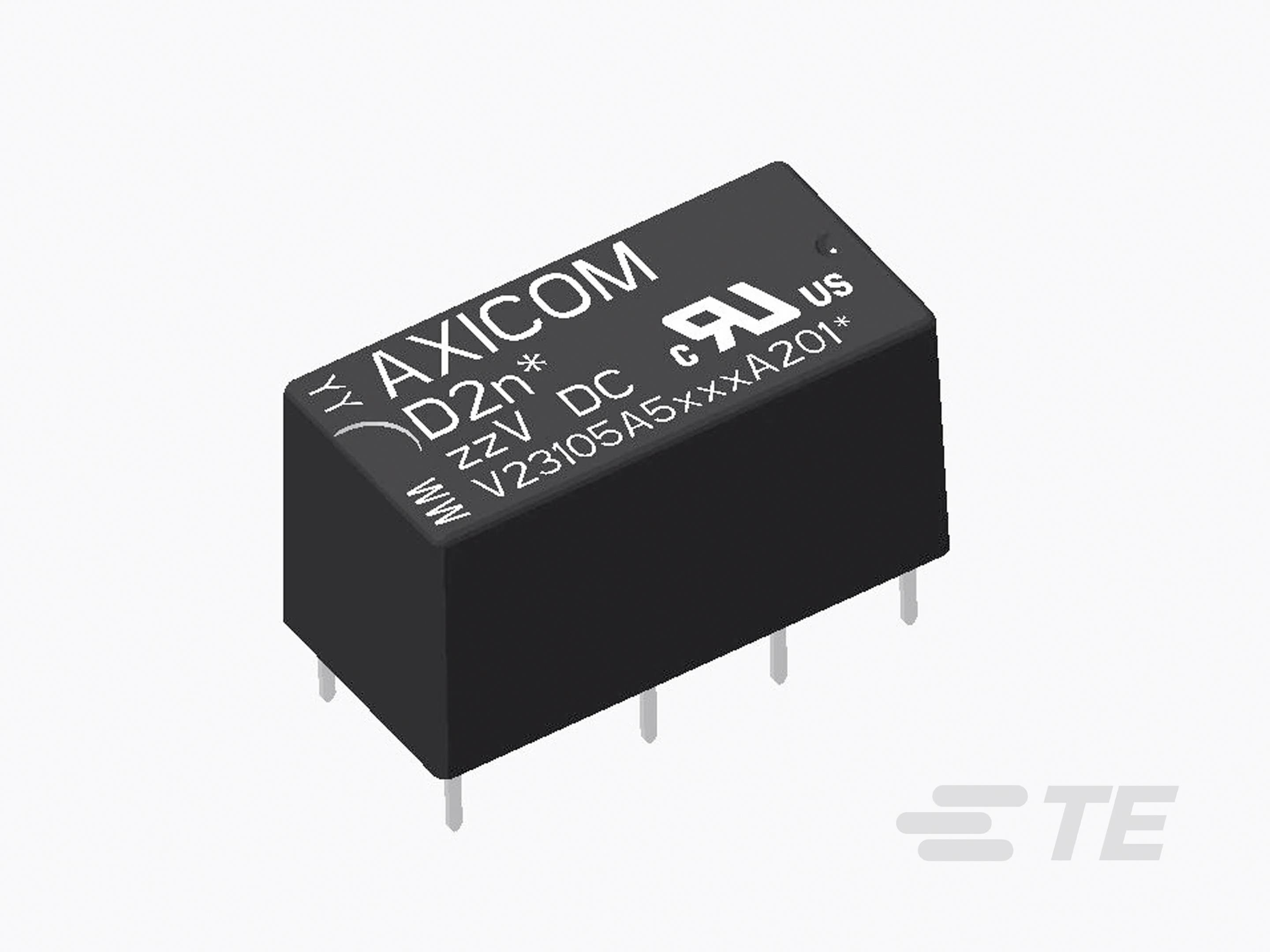 Egy fekete elektronikus relé, amelyen az 'AXICOM D2n* 22V DC V23105A5xxxxA201' felirat szerepel, csatlakozási érintkezőket mutat az alsó felületén.