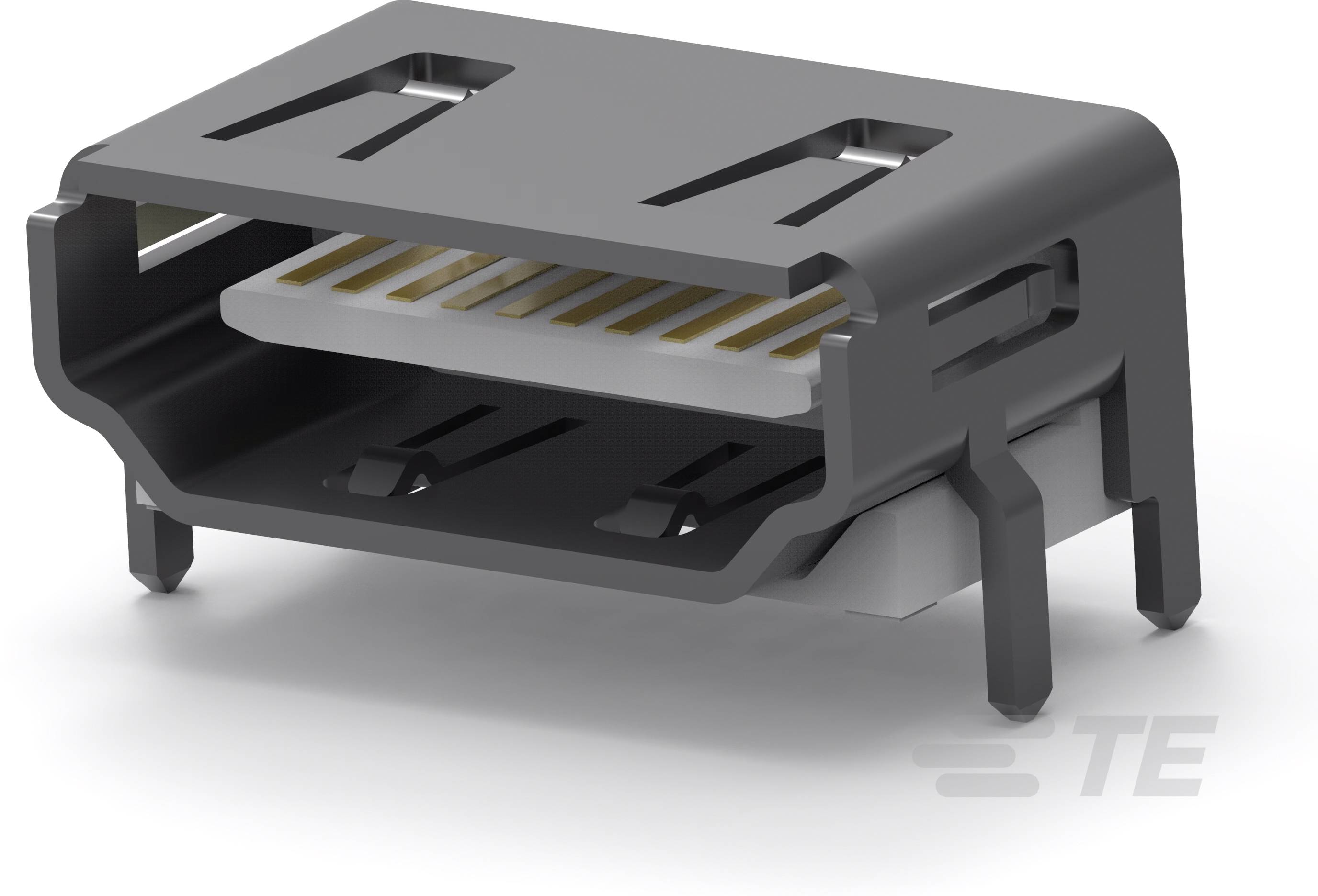 USB-C csatlakozóház szürke anyagból, látható aranyozott érintkezőkkel belül. Adatátvitelre alkalmas.