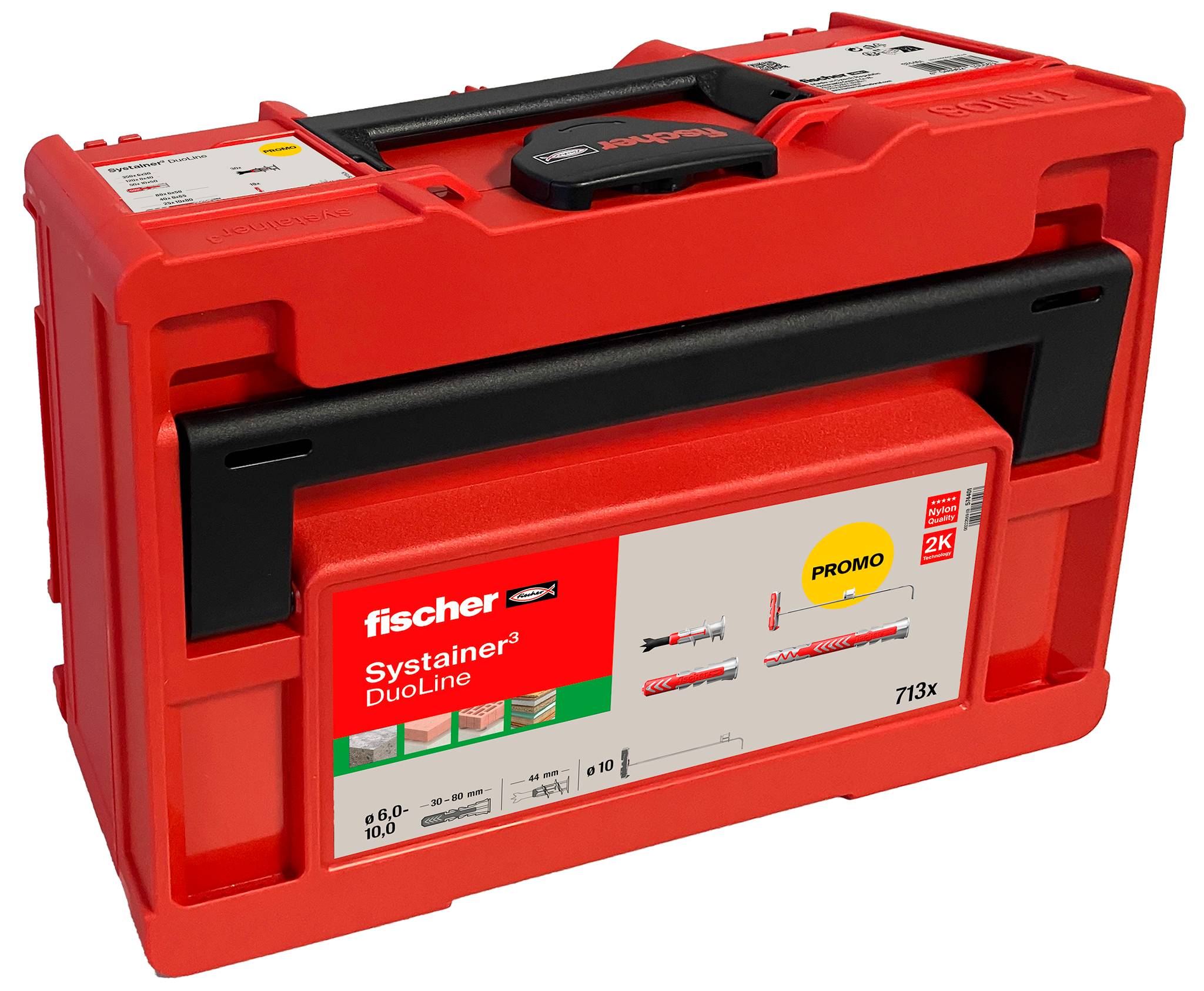 Piros műanyag szerszámtáska „fischer Systainer3 DuoLine" felirattal, fekete fogantyúval és elöl lévő termékbetéttel, fehér háttéren.