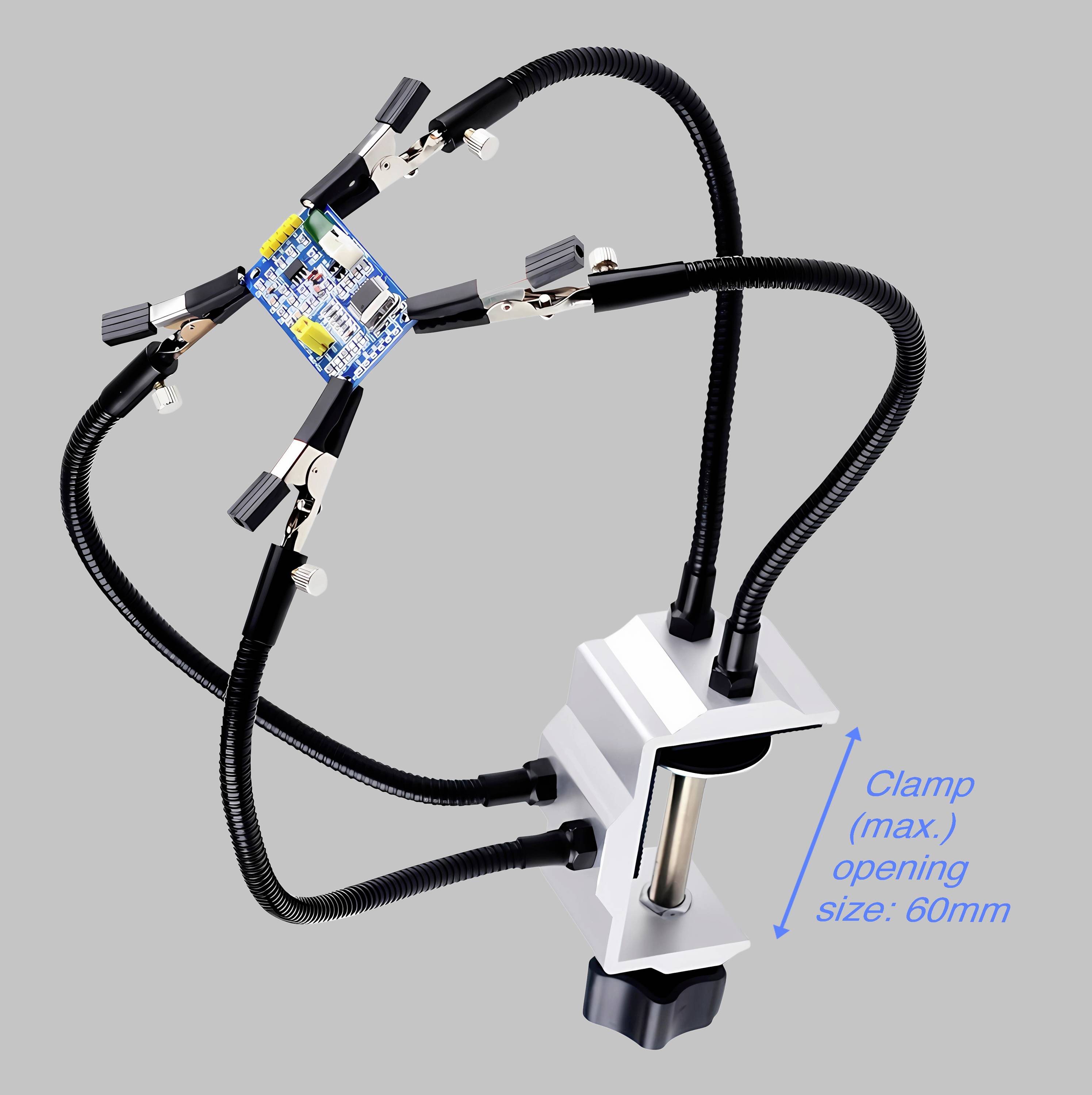 Flexibilis karokkal és csipeszekkel ellátott tartó, elektronikai projektekhez alkalmas. A csipesz maximális nyitási mérete: 60 mm.