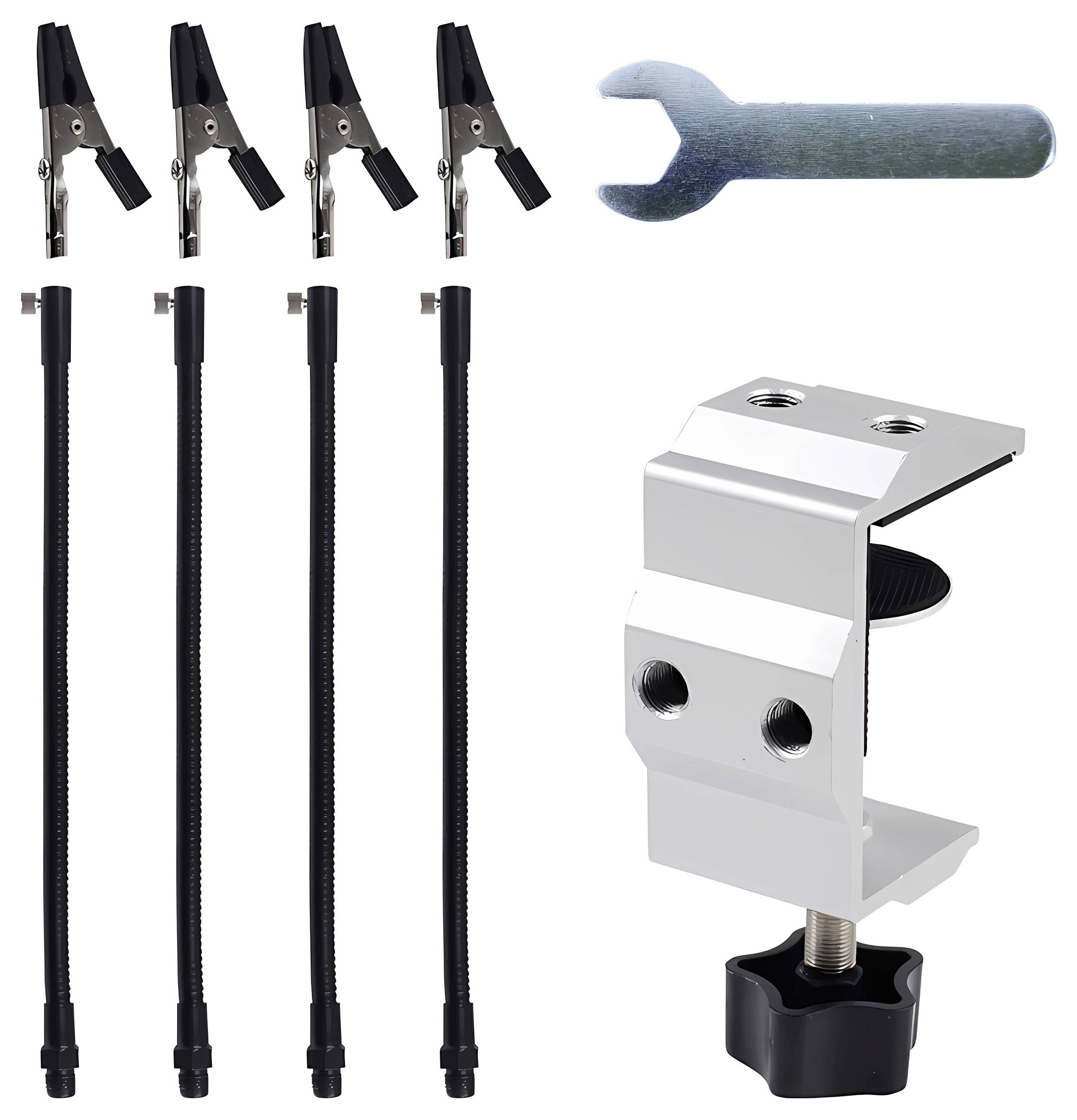 Négy fekete csipesz, egy kék villáskulcs, négy flexibilis kábeltartó, és egy ezüst asztali bilincs. Tartozékok szerelési vagy rögzítési célokra.