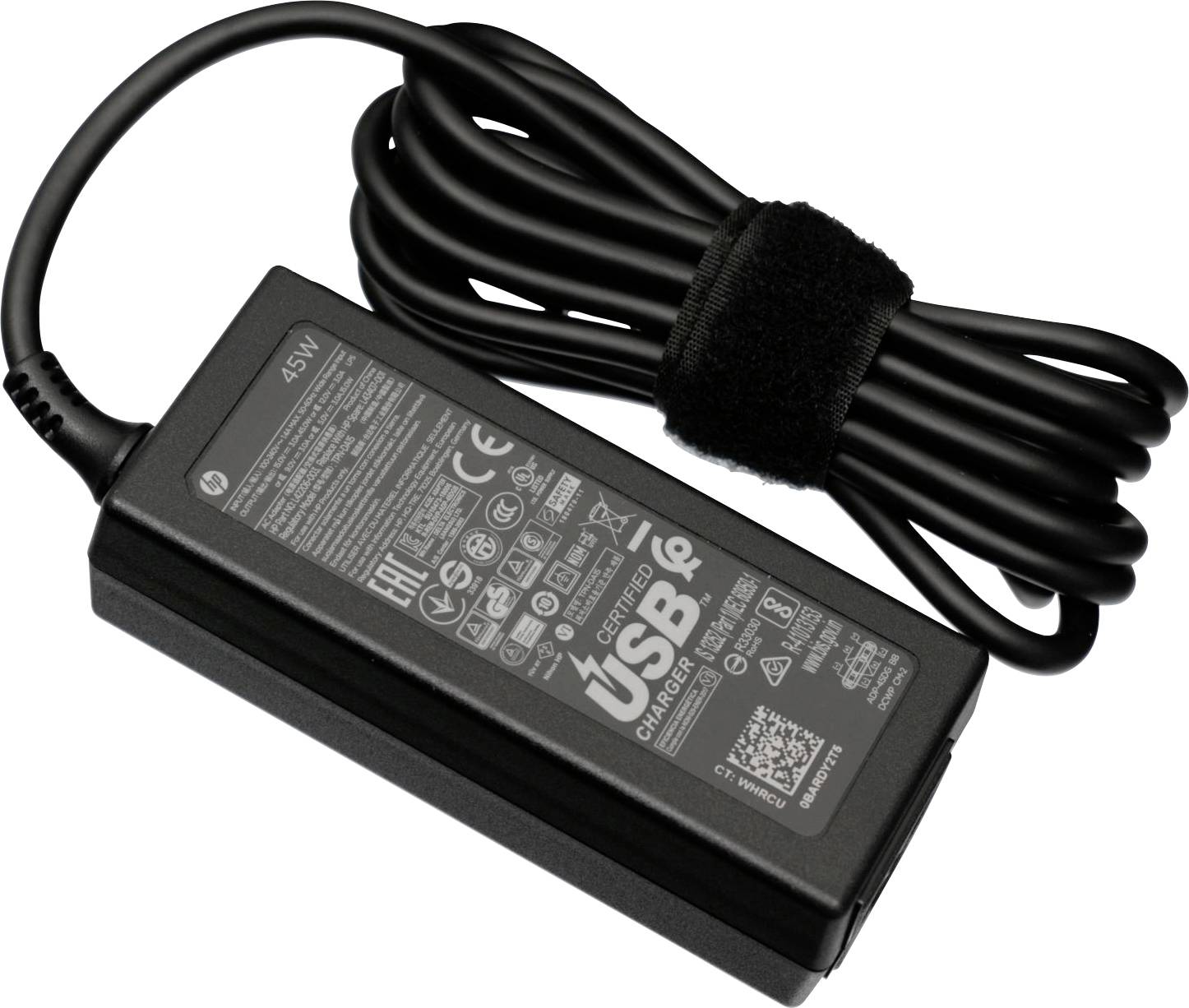 Hálózati adapter USB-kábellel, 45 W, fekete ház, termékadatok és biztonsági jelzések nyomtatva a felületén.