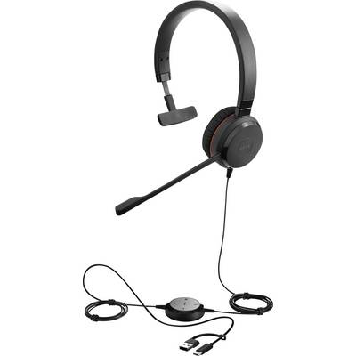 Fekete, vezetékes headset mikrofonnal, USB-csatlakozóval és kábelen elhelyezett vezérlőegységgel.