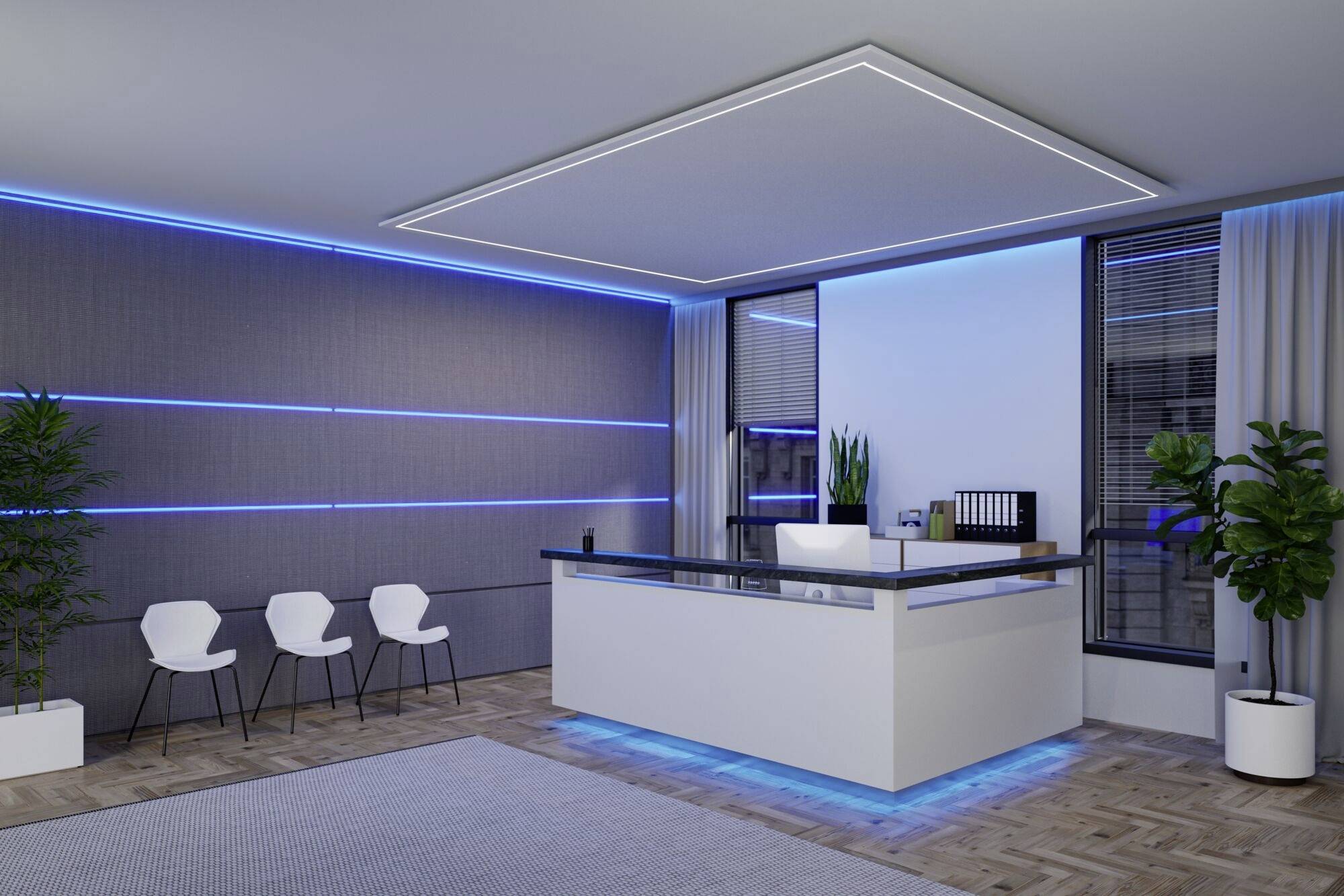 Modern designú recepciós tér fehér pulttal, kék LED-fénycsíkokkal, három fehér székkel és növényekkel az oldalakon.