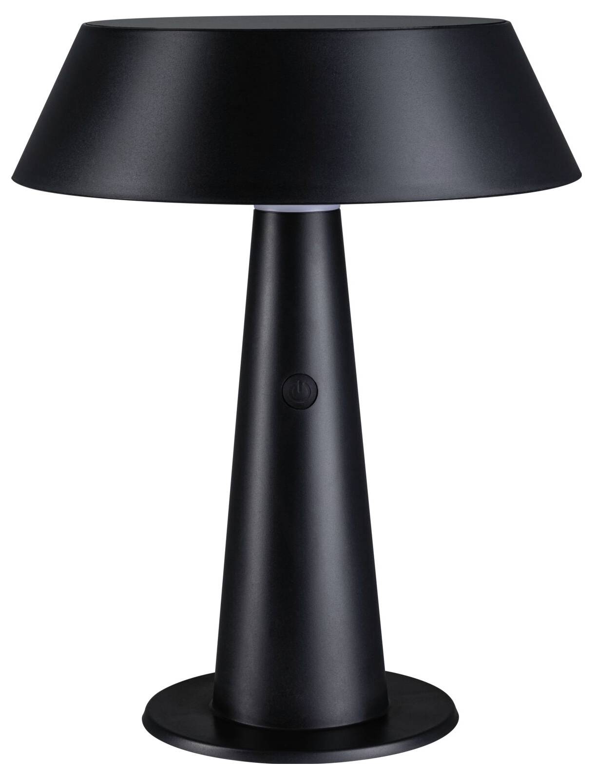 Egy modern fekete asztali lámpa kúpos talapzattal és kerek ernyővel. Elegáns és kortárs hangulatot kölcsönöz egy helyiségnek.