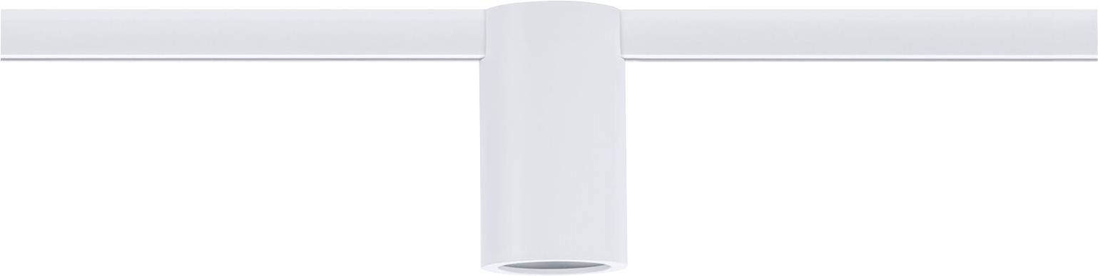 Egy fehér hengeres lámpa lóg egy vízszintes sínről. Minimalista dizájn, további részletek nélkül.