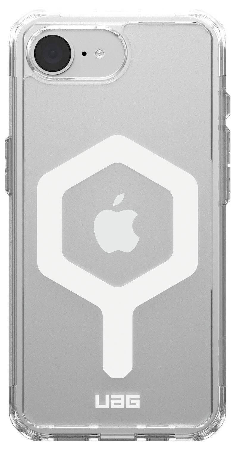 Egy átlátszó telefontok fehér UAG logóval és stilizált grafikai dizájnnal. A telefon hátoldalán látható az Apple logó.