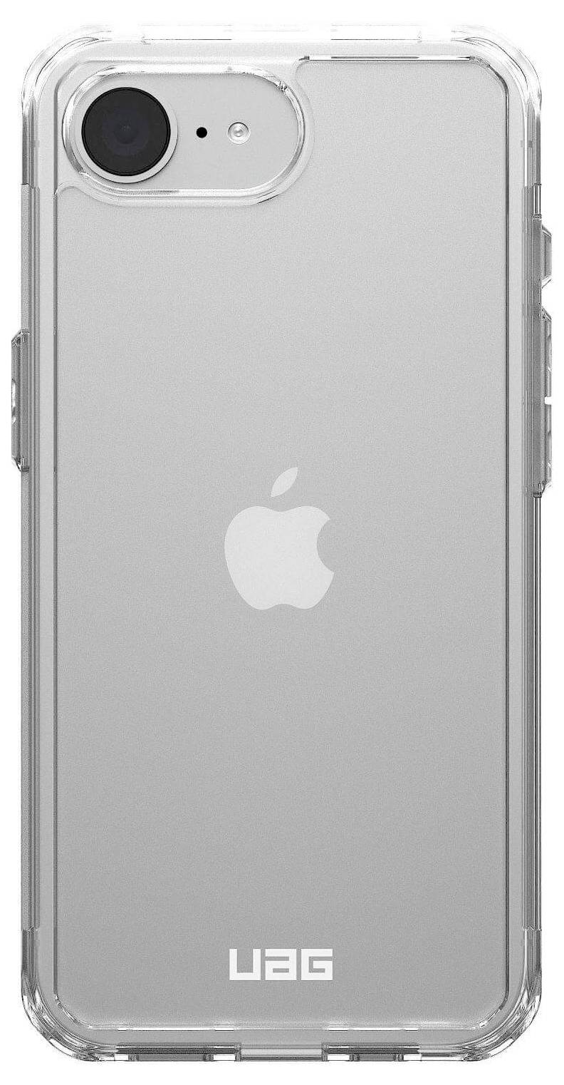 Egy áttetsző okostelefon fehér Apple logóval, átlátszó védőtokba helyezve, amelynek alsó szélén UAG felirat látható.